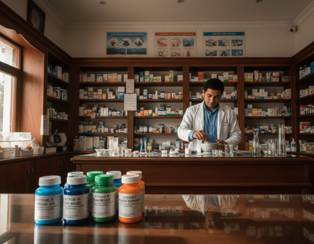 A tranquil pharmacy setting, featuring a well-organized wooden counter stocked with various altitude sickness medications. In the foreground, a close-up of colorful pill bottles, with labels indicating their use for preventing and treating altitude sickness. In the middle, a pharmacist in professional attire is preparing a medication, focused on their task with a demeanor of care and expertise. The background shows shelves filled with medical supplies and posters about altitude sickness awareness. Soft, warm lighting casts gentle shadows, creating a reassuring atmosphere. The angle captures the depth of the pharmacy, inviting viewers into a space dedicated to health and well-being. The overall mood is informative and supportive, emphasizing the importance of medical resources for altitude sickness.