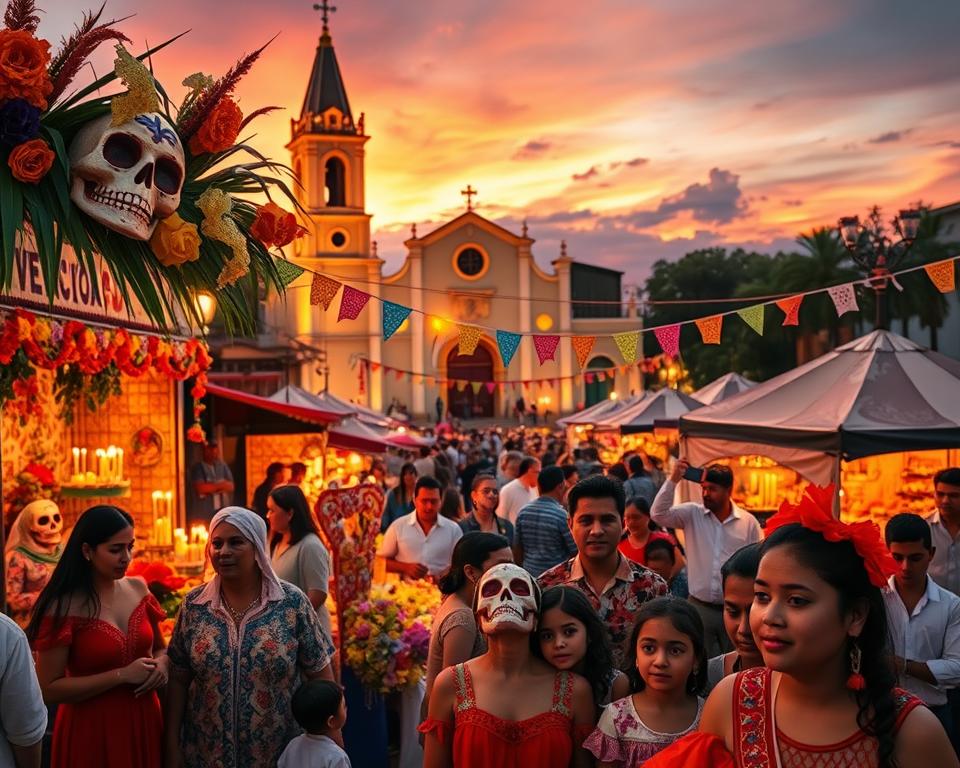 A vibrant Día de Muertos celebration scene in Mexico, showcasing a bustling plaza filled with intricate altars adorned with marigolds, sugar skulls, and candles. In the foreground, families dressed in traditional attire gather to honor their ancestors, their expressions reflecting joy and reverence. In the middle ground, colorful papel picado flutters between stalls selling traditional foods like pan de muerto and tamales, with musicians playing mariachi tunes. The background features a lively church illuminated by warm golden lights, creating a festive atmosphere. The sunset casts a beautiful orange and purple hue across the sky, enhancing the heartfelt mood of this cultural celebration. The photograph should have a shallow depth of field, with soft focus on the foreground to emphasize the emotional connection of the participants. A vibrant Día de Muertos celebration scene in Mexico, showcasing a bustling plaza filled with intricate altars adorned with marigolds, sugar skulls, and candles. In the foreground, families dressed in traditional attire gather to honor their ancestors, their expressions reflecting joy and reverence. In the middle ground, colorful papel picado flutters between stalls selling traditional foods like pan de muerto and tamales, with musicians playing mariachi tunes. The background features a lively church illuminated by warm golden lights, creating a festive atmosphere. The sunset casts a beautiful orange and purple hue across the sky, enhancing the heartfelt mood of this cultural celebration. The photograph should have a shallow depth of field, with soft focus on the foreground to emphasize the emotional connection of the participants.