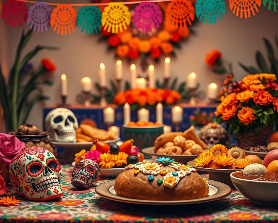 A vibrant Día de Muertos feast setting on a beautifully decorated table. In the foreground, a traditional Pan de Muerto, adorned with sugar decorations, sits beside colorful sugar skulls, each intricately designed with floral patterns and bright colors. Surrounding these treats are popular Mexican dishes like tamales, mole, and vibrant fresh fruits, adding to the festive atmosphere. In the middle ground, a colorful papel picado garland hangs above, casting playful shadows across the table. In the background, softly glowing candles flicker on an altar draped with marigold flowers, creating a warm, inviting ambiance. The scene is illuminated by soft, warm lighting to evoke a sense of celebration and remembrance, with a shallow depth of field that highlights the details of the food. A vibrant Día de Muertos feast setting on a beautifully decorated table. In the foreground, a traditional Pan de Muerto, adorned with sugar decorations, sits beside colorful sugar skulls, each intricately designed with floral patterns and bright colors. Surrounding these treats are popular Mexican dishes like tamales, mole, and vibrant fresh fruits, adding to the festive atmosphere. In the middle ground, a colorful papel picado garland hangs above, casting playful shadows across the table. In the background, softly glowing candles flicker on an altar draped with marigold flowers, creating a warm, inviting ambiance. The scene is illuminated by soft, warm lighting to evoke a sense of celebration and remembrance, with a shallow depth of field that highlights the details of the food.