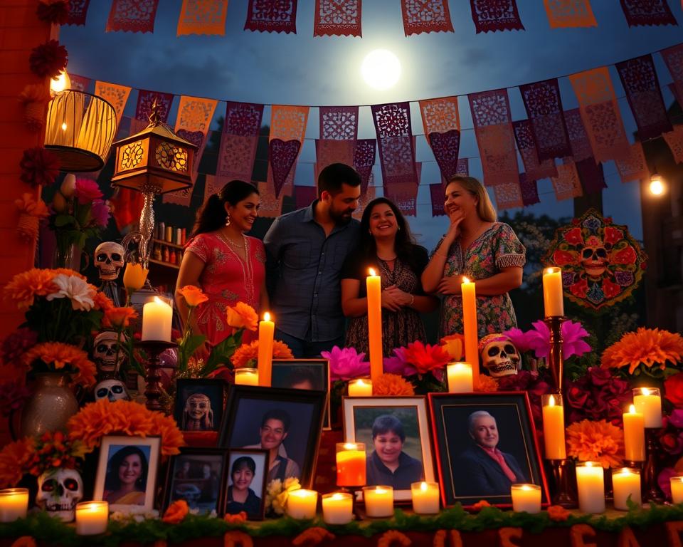 A vibrant "Día de Muertos" scene in Mexico, showcasing a colorful altar adorned with traditional offerings like marigold flowers, sugar skulls, and candles. In the foreground, a decorated "ofrenda" with photographs of deceased loved ones, set amidst flickering candlelight that casts a warm glow. In the middle, a local family dressed in modest, casual clothing gathers around the altar, sharing memories and laughter, embodying the celebratory yet respectful nature of the festival. The background features a moonlit sky, enhancing the mystical atmosphere, with papel picado banners fluttering gently. Soft, diffused lighting creates a serene yet joyful mood, capturing the essence of this deeply rooted cultural tradition. A vibrant "Día de Muertos" scene in Mexico, showcasing a colorful altar adorned with traditional offerings like marigold flowers, sugar skulls, and candles. In the foreground, a decorated "ofrenda" with photographs of deceased loved ones, set amidst flickering candlelight that casts a warm glow. In the middle, a local family dressed in modest, casual clothing gathers around the altar, sharing memories and laughter, embodying the celebratory yet respectful nature of the festival. The background features a moonlit sky, enhancing the mystical atmosphere, with papel picado banners fluttering gently. Soft, diffused lighting creates a serene yet joyful mood, capturing the essence of this deeply rooted cultural tradition.