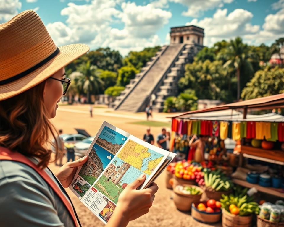 A vibrant Mexican landscape showcasing the essence of a budget-friendly journey through Mexico. In the foreground, a couple dressed in modest casual clothing examines a colorful travel guide and a map, looking excited and contemplative. In the middle ground, a charming open-air market bursts with colorful local crafts and fresh produce, symbolizing affordable experiences. The background features stunning ruins of a Mayan pyramid surrounded by lush green foliage under a bright, sunny sky, illustrating the rich cultural heritage. The scene utilizes warm, natural lighting to evoke feelings of adventure and joy. Capture the essence of exploration and planning, focusing on financial considerations in travel while emphasizing the beauty and culture of Mexico.