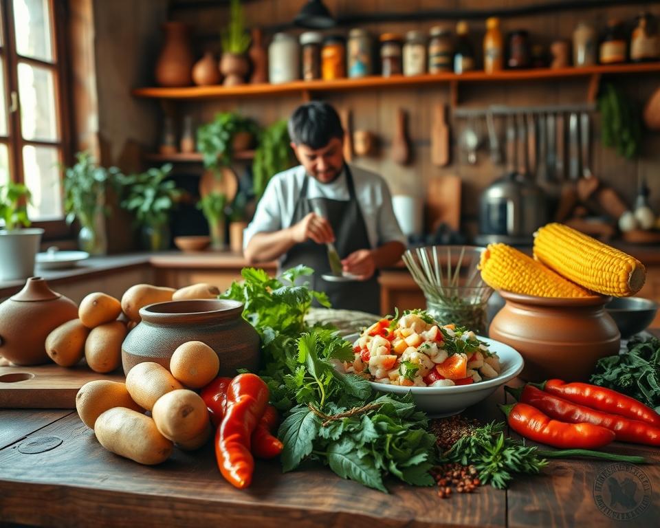 A vibrant Peruvian kitchen scene showcasing essential Peruvian ingredients and dishes. In the foreground, a wooden table displays fresh produce like potatoes, corn, and aji peppers, along with traditional cooking utensils like a clay pot and chopping board. In the middle, a chef in modest casual clothing prepares a colorful plate of ceviche, surrounded by herbs and spices typical of Peruvian cuisine. The background features a rustic kitchen with wooden shelves holding spices and preserved foods, warm, natural lighting filtering through a window to create an inviting atmosphere. The mood is lively and inspiring, emphasizing the rich culinary traditions of Peru, highlighting the fundamentals of Peruvian cooking. A vibrant Peruvian kitchen scene showcasing essential Peruvian ingredients and dishes. In the foreground, a wooden table displays fresh produce like potatoes, corn, and aji peppers, along with traditional cooking utensils like a clay pot and chopping board. In the middle, a chef in modest casual clothing prepares a colorful plate of ceviche, surrounded by herbs and spices typical of Peruvian cuisine. The background features a rustic kitchen with wooden shelves holding spices and preserved foods, warm, natural lighting filtering through a window to create an inviting atmosphere. The mood is lively and inspiring, emphasizing the rich culinary traditions of Peru, highlighting the fundamentals of Peruvian cooking.