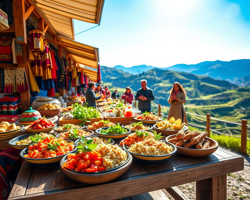 A vibrant Peruvian marketplace in the Sacred Valley, showcasing an array of colorful, traditional dishes. In the foreground, a wooden table laden with local delicacies such as ceviche, quinoa salad, and anticuchos, garnished with fresh herbs. Various colorful textiles and crafts surround the table, illuminating the rich culture. In the middle ground, friendly vendors in modest, traditional attire engage with visitors, offering samples of local foods and drinks. The background reveals lush green mountains and terraced fields under a clear blue sky, highlighting the natural beauty of the Sacred Valley. Soft, warm sunlight bathes the scene, creating an inviting and festive atmosphere that captures the essence of Peruvian culinary heritage. A vibrant Peruvian marketplace in the Sacred Valley, showcasing an array of colorful, traditional dishes. In the foreground, a wooden table laden with local delicacies such as ceviche, quinoa salad, and anticuchos, garnished with fresh herbs. Various colorful textiles and crafts surround the table, illuminating the rich culture. In the middle ground, friendly vendors in modest, traditional attire engage with visitors, offering samples of local foods and drinks. The background reveals lush green mountains and terraced fields under a clear blue sky, highlighting the natural beauty of the Sacred Valley. Soft, warm sunlight bathes the scene, creating an inviting and festive atmosphere that captures the essence of Peruvian culinary heritage.
