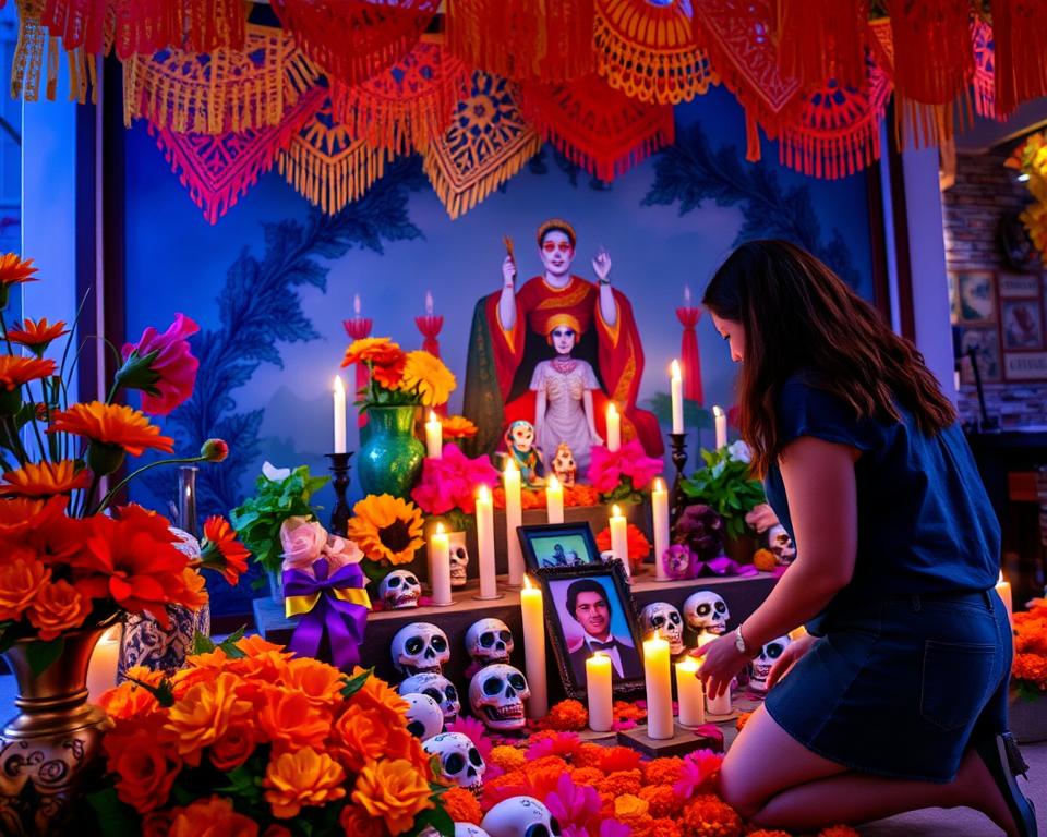 A vibrant altar decorated for Día de Muertos, featuring a traditional ofrenda with intricate papel picado banners fluttering overhead. In the foreground, marigold flowers spill from a colorful vase, and beautifully crafted sugar skulls are arranged meticulously on the altar. A guest, dressed in modest casual clothing with an appreciation for the culture, kneels in front of the altar, gently placing a family photo among the offerings. In the middle ground, flickering candles cast a warm, inviting glow, illuminating the delicate details of the decorations. In the background, a mural depicting a traditional Day of the Dead scene adds depth and cultural richness. Soft, diffused lighting enhances the serene and respectful atmosphere, evoking a sense of connection and remembrance. The overall mood is one of reverence and celebration of life. A vibrant altar decorated for Día de Muertos, featuring a traditional ofrenda with intricate papel picado banners fluttering overhead. In the foreground, marigold flowers spill from a colorful vase, and beautifully crafted sugar skulls are arranged meticulously on the altar. A guest, dressed in modest casual clothing with an appreciation for the culture, kneels in front of the altar, gently placing a family photo among the offerings. In the middle ground, flickering candles cast a warm, inviting glow, illuminating the delicate details of the decorations. In the background, a mural depicting a traditional Day of the Dead scene adds depth and cultural richness. Soft, diffused lighting enhances the serene and respectful atmosphere, evoking a sense of connection and remembrance. The overall mood is one of reverence and celebration of life.