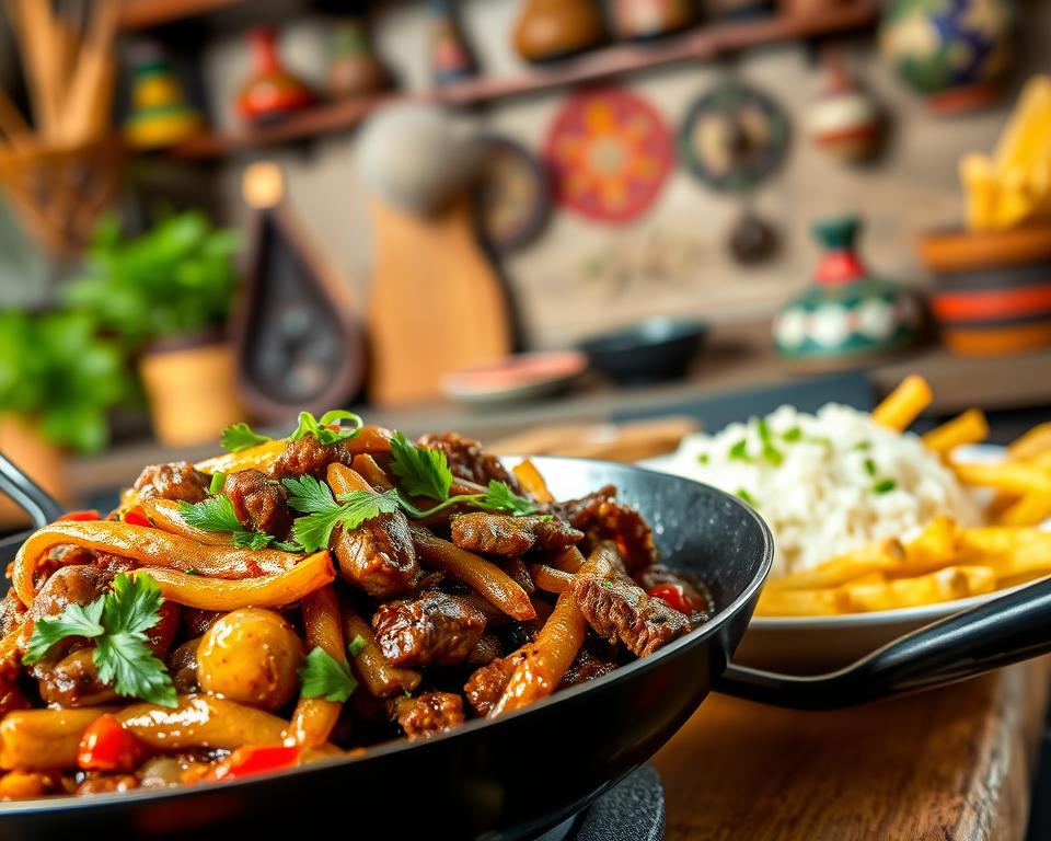 A vibrant and appetizing depiction of Lomo Saltado in a colorful, rustic kitchen setting. In the foreground, a sizzling wok filled with tender strips of beef, stir-fried with aromatic onions, ripe tomatoes, and fresh cilantro, all glistening with savory soy sauce. The middle ground features a plate of fluffy white rice, garnished with a sprinkle of green onions, alongside golden French fries that are crispy and inviting. In the background, soft, warm lighting bathes the scene, with subtle hints of traditional Peruvian decor, such as woven textiles and colorful pottery, creating a cozy, inviting atmosphere. The angle is slightly elevated, capturing the enticing details while evoking a sense of homeliness and culinary adventure. A vibrant and appetizing depiction of Lomo Saltado in a colorful, rustic kitchen setting. In the foreground, a sizzling wok filled with tender strips of beef, stir-fried with aromatic onions, ripe tomatoes, and fresh cilantro, all glistening with savory soy sauce. The middle ground features a plate of fluffy white rice, garnished with a sprinkle of green onions, alongside golden French fries that are crispy and inviting. In the background, soft, warm lighting bathes the scene, with subtle hints of traditional Peruvian decor, such as woven textiles and colorful pottery, creating a cozy, inviting atmosphere. The angle is slightly elevated, capturing the enticing details while evoking a sense of homeliness and culinary adventure.