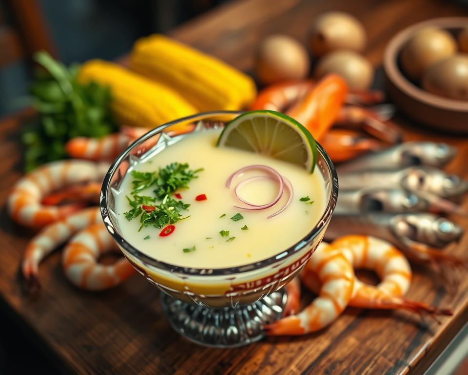 A vibrant and artistic depiction of "Leche de Tigre," the traditional Peruvian marinade, served in a beautifully crafted glass bowl. In the foreground, the bowl showcases the bright, milky citrus liquid with finely chopped cilantro, red onion, and slices of chili pepper floating on top, garnished with a slice of lime. The middle ground features fresh seafood, such as shrimp and fish fillets, arranged elegantly around the bowl, emphasizing the dish's freshness. The background includes a soft-focus view of a wooden table adorned with traditional Peruvian ingredients, like corn and potatoes. The lighting is warm and inviting, highlighting the textures and colors of the ingredients, with a shallow depth of field that draws attention to the dish. The atmosphere conveys a sense of authenticity and a celebration of Peruvian culinary culture. A vibrant and artistic depiction of "Leche de Tigre," the traditional Peruvian marinade, served in a beautifully crafted glass bowl. In the foreground, the bowl showcases the bright, milky citrus liquid with finely chopped cilantro, red onion, and slices of chili pepper floating on top, garnished with a slice of lime. The middle ground features fresh seafood, such as shrimp and fish fillets, arranged elegantly around the bowl, emphasizing the dish's freshness. The background includes a soft-focus view of a wooden table adorned with traditional Peruvian ingredients, like corn and potatoes. The lighting is warm and inviting, highlighting the textures and colors of the ingredients, with a shallow depth of field that draws attention to the dish. The atmosphere conveys a sense of authenticity and a celebration of Peruvian culinary culture.