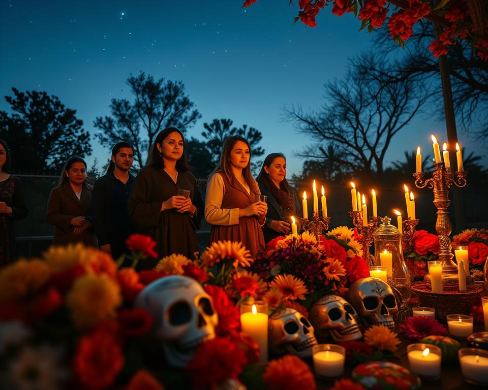 A vibrant and atmospheric celebration of Allerheiligen in Mexico, depicting an altar adorned with colorful marigolds, candles, and sugar skulls, all representing the Day of the Dead. In the foreground, a decorated altar features traditional offerings arranged artistically, capturing the spiritual significance of honoring deceased loved ones. In the middle, a group of modestly dressed individuals in traditional clothing, engaging in joyful remembrance, with expressions of reverence and reflection on their faces. The background showcases a softly lit twilight sky, dotted with twinkling stars and silhouettes of trees, creating a serene atmosphere. The overall mood is a mix of celebration and solemnity, with warm, glowing candlelight casting gentle shadows, evoking a sense of peace and connection to the past. Use a wide-angle lens to capture the richness of the scene in high detail. A vibrant and atmospheric celebration of Allerheiligen in Mexico, depicting an altar adorned with colorful marigolds, candles, and sugar skulls, all representing the Day of the Dead. In the foreground, a decorated altar features traditional offerings arranged artistically, capturing the spiritual significance of honoring deceased loved ones. In the middle, a group of modestly dressed individuals in traditional clothing, engaging in joyful remembrance, with expressions of reverence and reflection on their faces. The background showcases a softly lit twilight sky, dotted with twinkling stars and silhouettes of trees, creating a serene atmosphere. The overall mood is a mix of celebration and solemnity, with warm, glowing candlelight casting gentle shadows, evoking a sense of peace and connection to the past. Use a wide-angle lens to capture the richness of the scene in high detail.