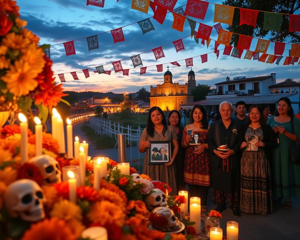 A vibrant and colorful depiction of Mexico's "Día de los Muertos" (Day of the Dead) festival, showcasing a beautifully decorated altar adorned with marigolds, sugar skulls, and candles in the foreground. In the middle ground, families gather, dressed in traditional attire, celebrating their deceased loved ones with joyous expressions, holding offerings of food and photographs. The background features a picturesque village with papel picado (traditional paper banners) fluttering in the breeze and a twilight sky painted in warm hues, creating a festive yet reflective atmosphere. Soft, warm lighting enhances the scene, giving it a lively yet sacred feel. The angle is slightly elevated, capturing both the details of the altar and the sense of community in the celebration. A vibrant and colorful depiction of Mexico's "Día de los Muertos" (Day of the Dead) festival, showcasing a beautifully decorated altar adorned with marigolds, sugar skulls, and candles in the foreground. In the middle ground, families gather, dressed in traditional attire, celebrating their deceased loved ones with joyous expressions, holding offerings of food and photographs. The background features a picturesque village with papel picado (traditional paper banners) fluttering in the breeze and a twilight sky painted in warm hues, creating a festive yet reflective atmosphere. Soft, warm lighting enhances the scene, giving it a lively yet sacred feel. The angle is slightly elevated, capturing both the details of the altar and the sense of community in the celebration.