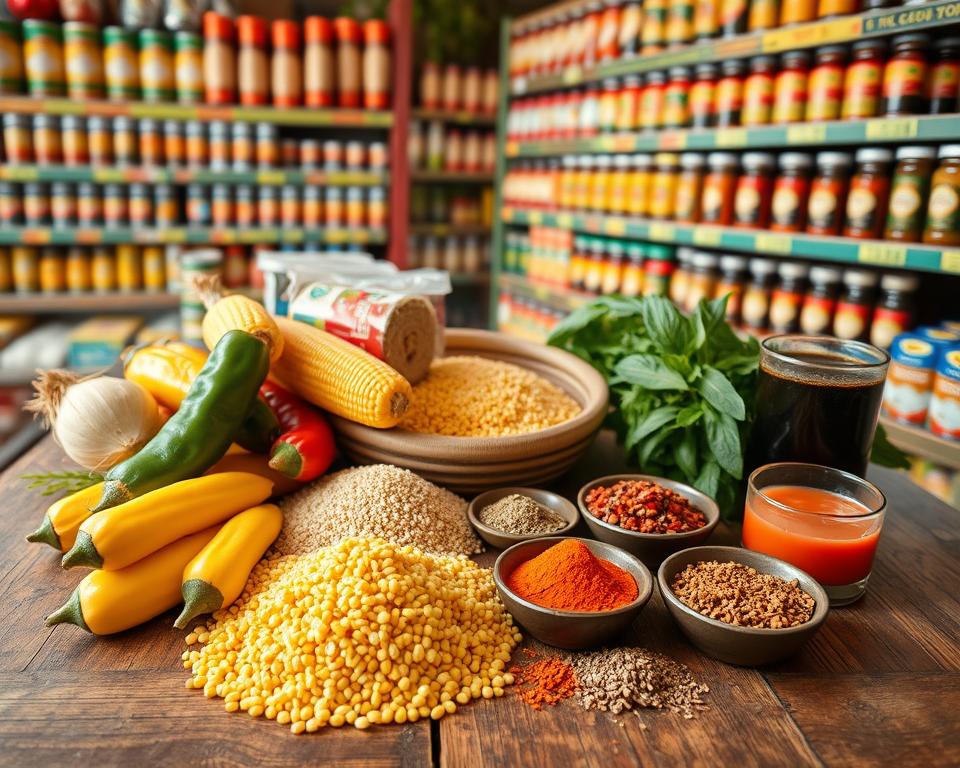 A vibrant and colorful display of Peruvian ingredients found in Germany, arranged artfully on a rustic wooden table. In the foreground, include fresh rocoto peppers, large yellow corn kernels, and a small pile of quinoa, all freshly harvested. In the middle ground, display a variety of traditional Peruvian spices in small bowls, such as aji amarillo and cumin, alongside a length of chicha morada drink in a glass. The background features an assortment of multicultural grocery store shelves filled with canned goods and spices, indicating their availability in Germany. Soft, warm lighting enhances the natural colors, captured with a slightly overhead angle to create depth and focus on the ingredients, evoking a mood of culinary adventure and exploration. A vibrant and colorful display of Peruvian ingredients found in Germany, arranged artfully on a rustic wooden table. In the foreground, include fresh rocoto peppers, large yellow corn kernels, and a small pile of quinoa, all freshly harvested. In the middle ground, display a variety of traditional Peruvian spices in small bowls, such as aji amarillo and cumin, alongside a length of chicha morada drink in a glass. The background features an assortment of multicultural grocery store shelves filled with canned goods and spices, indicating their availability in Germany. Soft, warm lighting enhances the natural colors, captured with a slightly overhead angle to create depth and focus on the ingredients, evoking a mood of culinary adventure and exploration.