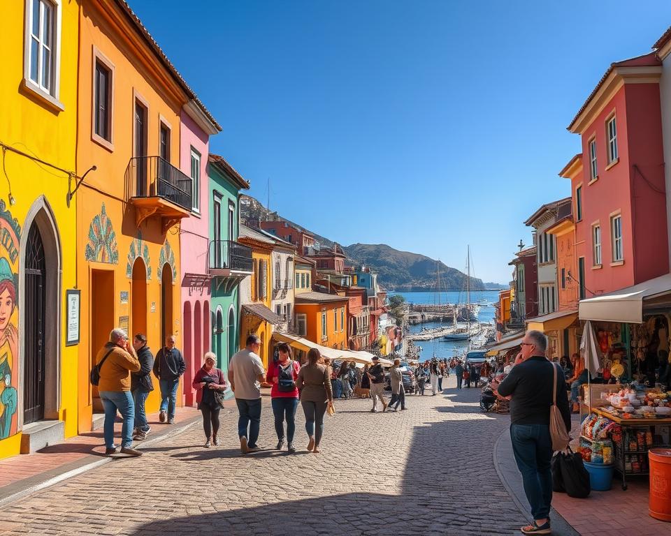 A vibrant and colorful street scene in Valparaíso, Chile, showcasing the city’s rich maritime history and cultural evolution. In the foreground, a cobblestone pathway lined with bright, painted houses, their facades adorned with intricate murals reflecting the local culture. A small group of people in modest casual clothing, enjoying the ambiance, with warm sunlight casting soft shadows. The middle ground reveals bustling markets and street vendors selling artisan crafts, hinting at the city's lively atmosphere. In the background, steep hills dotted with more colorful structures lead to the harbor, where sailboats and ships gently sway, symbolizing Valparaíso’s seafaring past. The sky is a clear blue, enhancing the bright colors and inviting mood of the scene. Observed from a slightly elevated angle to capture the city's iconic steep geography. A vibrant and colorful street scene in Valparaíso, Chile, showcasing the city’s rich maritime history and cultural evolution. In the foreground, a cobblestone pathway lined with bright, painted houses, their facades adorned with intricate murals reflecting the local culture. A small group of people in modest casual clothing, enjoying the ambiance, with warm sunlight casting soft shadows. The middle ground reveals bustling markets and street vendors selling artisan crafts, hinting at the city's lively atmosphere. In the background, steep hills dotted with more colorful structures lead to the harbor, where sailboats and ships gently sway, symbolizing Valparaíso’s seafaring past. The sky is a clear blue, enhancing the bright colors and inviting mood of the scene. Observed from a slightly elevated angle to capture the city's iconic steep geography.