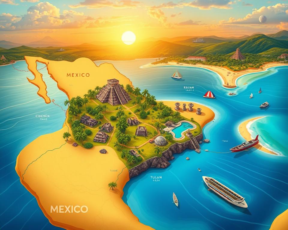 A vibrant and detailed illustration of a travel route through Mexico, showcasing a blend of cultural landmarks, natural beauty, and idyllic beaches. In the foreground, a colorful map of Mexico with marked routes connects iconic sites like Chichen Itza and Tulum. The middle layer features lush tropical greenery, ancient ruins, and serene beach scenes with golden sands and turquoise waters. In the background, the sun sets over the horizon, casting a warm golden glow across the landscape. The scene is captured from an aerial perspective, highlighting the variety of landscapes and attractions available. Use soft, inviting lighting to enhance the sense of adventure and relaxation, evoking a mood of exploration and discovery.
