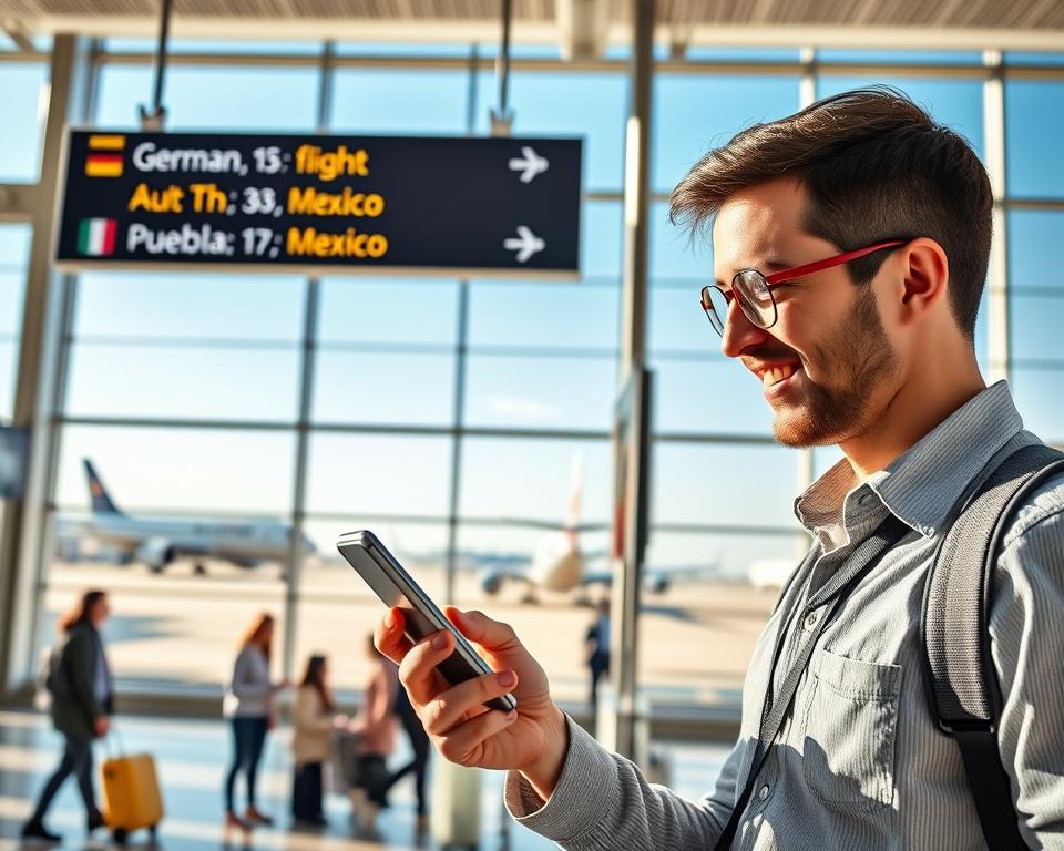 A vibrant and dynamic image depicting a traveler at an airport, preparing for a journey from Germany to Puebla, Mexico. In the foreground, an excited traveler, dressed in smart casual attire, checks flight information on a smartphone. The middle ground captures a bustling airport scene with international signs indicating flights to Mexico, while travelers and airport staff move through the terminal. In the background, large windows reveal a clear blue sky and planes ready for takeoff, showcasing the essence of international travel. The lighting is bright and cheerful, reflecting the anticipation of travel. This composition conveys a sense of adventure and exploration, perfectly encapsulating the preparations for a trip to discover the Cholula Pyramid. A vibrant and dynamic image depicting a traveler at an airport, preparing for a journey from Germany to Puebla, Mexico. In the foreground, an excited traveler, dressed in smart casual attire, checks flight information on a smartphone. The middle ground captures a bustling airport scene with international signs indicating flights to Mexico, while travelers and airport staff move through the terminal. In the background, large windows reveal a clear blue sky and planes ready for takeoff, showcasing the essence of international travel. The lighting is bright and cheerful, reflecting the anticipation of travel. This composition conveys a sense of adventure and exploration, perfectly encapsulating the preparations for a trip to discover the Cholula Pyramid.