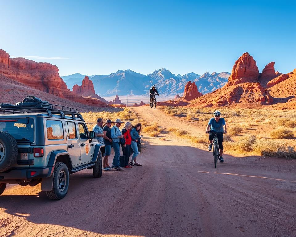 A vibrant and dynamic scene depicting mobility options in San Pedro de Atacama, Chile. In the foreground, a rugged rental car is parked beside a dusty road, while a diverse group of travelers wearing casual clothing explore on foot, examining the unique landscapes. In the middle ground, a cyclist rides along a winding path, surrounded by striking red rock formations and sparse desert vegetation. In the background, the majestic Andes mountains loom under a clear blue sky, providing a sense of scale and adventure. The lighting is warm and golden, typical of a late afternoon in the desert, casting soft shadows that enhance the textures of the terrain. The atmosphere is lively and inviting, encouraging exploration and connection with nature.