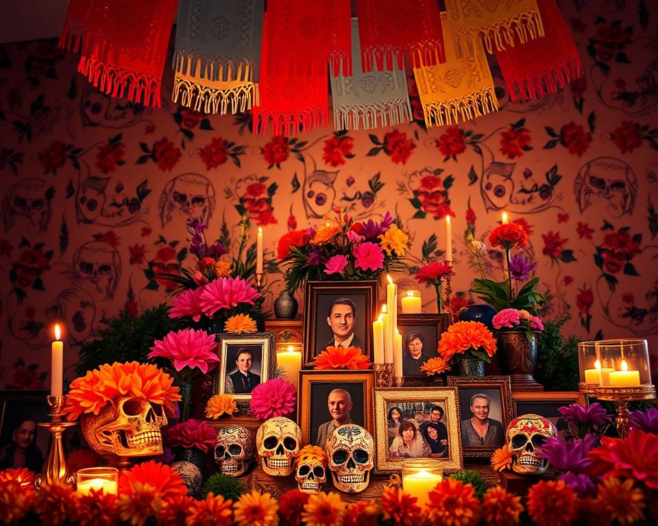 A vibrant and intricately decorated Ofrenda Altar, set in a softly lit room, showcasing traditional elements of the Day of the Dead celebration. In the foreground, a beautifully arranged altar, featuring vivid marigolds, intricately carved sugar skulls, flickering candles, and photos of departed loved ones, each with distinct frames. The middle layer includes colorful papel picado banners hanging overhead, catching gentle light to create a festive atmosphere. In the background, a warm, glowing atmosphere with dimly lit walls adorned with motifs of skulls and flowers, adding a mystical ambiance. The lighting is soft yet inviting, reminiscent of candlelight, emphasizing the altar's sacredness. The mood is respectful and reflective, capturing the essence of honoring ancestors. A vibrant and intricately decorated Ofrenda Altar, set in a softly lit room, showcasing traditional elements of the Day of the Dead celebration. In the foreground, a beautifully arranged altar, featuring vivid marigolds, intricately carved sugar skulls, flickering candles, and photos of departed loved ones, each with distinct frames. The middle layer includes colorful papel picado banners hanging overhead, catching gentle light to create a festive atmosphere. In the background, a warm, glowing atmosphere with dimly lit walls adorned with motifs of skulls and flowers, adding a mystical ambiance. The lighting is soft yet inviting, reminiscent of candlelight, emphasizing the altar's sacredness. The mood is respectful and reflective, capturing the essence of honoring ancestors.