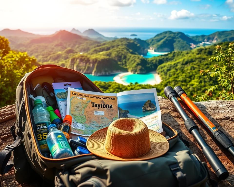 A vibrant and inviting scene showcasing a "Tayrona Packliste" arranged artistically. In the foreground, a well-organized backpack is open, revealing essential items like hiking gear, water bottles, sunscreen, and a sturdy hat. In the middle ground, a vibrant map of Parque Nacional Natural Tayrona is spread out, accompanied by a pair of binoculars and trekking poles. In the background, the stunning Tayrona landscape comes to life, featuring lush green mountains, turquoise beaches, and dense tropical foliage under a bright blue sky. The lighting is warm and natural, evoking a sense of adventure and spontaneity. The perspective captures the essence of preparing for an unforgettable outdoor experience in a breathtaking natural setting. A vibrant and inviting scene showcasing a "Tayrona Packliste" arranged artistically. In the foreground, a well-organized backpack is open, revealing essential items like hiking gear, water bottles, sunscreen, and a sturdy hat. In the middle ground, a vibrant map of Parque Nacional Natural Tayrona is spread out, accompanied by a pair of binoculars and trekking poles. In the background, the stunning Tayrona landscape comes to life, featuring lush green mountains, turquoise beaches, and dense tropical foliage under a bright blue sky. The lighting is warm and natural, evoking a sense of adventure and spontaneity. The perspective captures the essence of preparing for an unforgettable outdoor experience in a breathtaking natural setting.