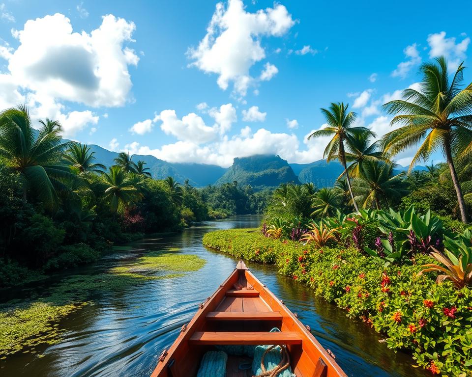 A vibrant and lush scene depicting the journey to Tortuguero National Park in Costa Rica. In the foreground, a small wooden boat navigates along a tranquil river lined with dense greenery and tall tropical palm trees. In the middle ground, the winding waterways are interspersed with rich, colorful flora, showcasing the diverse ecosystem. The background features mist-covered mountains under a bright blue sky with scattered fluffy clouds. The scene is captured in soft, natural lighting, emphasizing the shades of green and bursts of color from exotic flowers. An atmosphere of adventure and serenity permeates the image, inviting viewers to explore this stunning natural paradise.