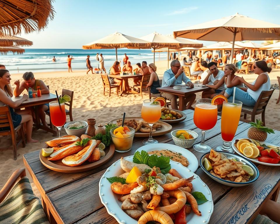 A vibrant beachside scene showcasing various food and drink options. In the foreground, a rustic wooden table is adorned with colorful dishes of fresh seafood, tropical fruits, and refreshing cocktails, all artfully arranged. In the middle ground, people in modest casual clothing are enjoying their meals, laughing, and chatting while seated at charming beachside cafes, with umbrellas providing shade. The background features golden sand, gently lapping waves, and a clear blue sky, reflecting the tranquility of Playa de la Solapa. The soft lighting of a late afternoon casts a warm glow over the scene, enhancing the inviting atmosphere. The composition is captured at eye level, focusing on the lively interaction and delicious culinary offerings. A vibrant beachside scene showcasing various food and drink options. In the foreground, a rustic wooden table is adorned with colorful dishes of fresh seafood, tropical fruits, and refreshing cocktails, all artfully arranged. In the middle ground, people in modest casual clothing are enjoying their meals, laughing, and chatting while seated at charming beachside cafes, with umbrellas providing shade. The background features golden sand, gently lapping waves, and a clear blue sky, reflecting the tranquility of Playa de la Solapa. The soft lighting of a late afternoon casts a warm glow over the scene, enhancing the inviting atmosphere. The composition is captured at eye level, focusing on the lively interaction and delicious culinary offerings.
