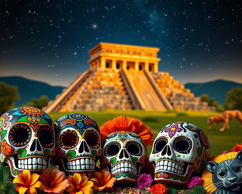 A vibrant blend of Aztec symbols and modern Calaveras, juxtaposed to highlight Mexican cultural heritage. In the foreground, intricately designed Calaveras with colorful patterns, adorned with floral motifs, represent the traditional celebration of life and death. The middle ground features ancient Aztec symbols such as the sun stone and stylized jaguars, harmoniously integrated with festive elements like marigolds and papel picado, symbolizing the connection to Día de los Muertos. In the background, a softly lit landscape of an ancient temple under a starlit sky evokes an atmosphere of reverence and connection to the past. The lighting is warm and inviting, creating a sense of celebration and remembrance, captured with a slightly tilted perspective to add depth and intrigue. A vibrant blend of Aztec symbols and modern Calaveras, juxtaposed to highlight Mexican cultural heritage. In the foreground, intricately designed Calaveras with colorful patterns, adorned with floral motifs, represent the traditional celebration of life and death. The middle ground features ancient Aztec symbols such as the sun stone and stylized jaguars, harmoniously integrated with festive elements like marigolds and papel picado, symbolizing the connection to Día de los Muertos. In the background, a softly lit landscape of an ancient temple under a starlit sky evokes an atmosphere of reverence and connection to the past. The lighting is warm and inviting, creating a sense of celebration and remembrance, captured with a slightly tilted perspective to add depth and intrigue.