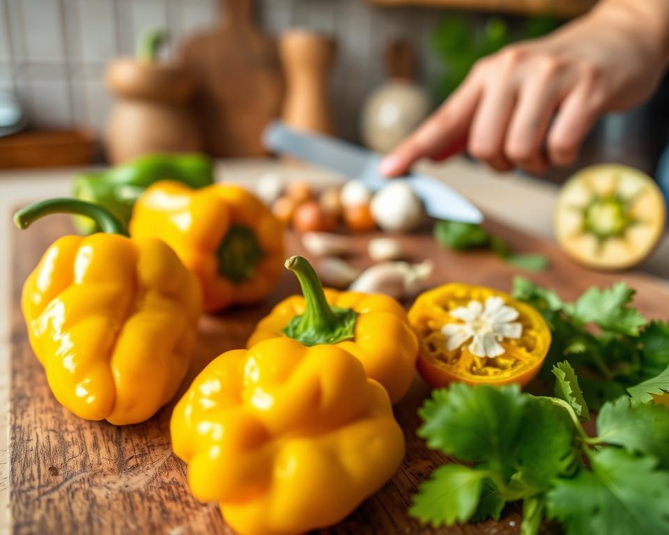 A vibrant close-up of Ají Amarillo peppers, showcasing their bright yellow-orange color and distinctive wrinkled texture, positioned prominently in the foreground. Surrounding the peppers, a rustic wooden cutting board displays a few sliced peppers, revealing their unique interior seeds, adding a pop of contrast. In the middle ground, a hand with a knife is seen skillfully preparing other Peruvian ingredients like garlic and cilantro, hinting at a culinary creation. The background features a softly out-of-focus kitchen setting, with warm, inviting lighting highlighting the peppers’ glossy skin. The mood is lively and inviting, evoking the rich culinary traditions of Peru, ideal for an authentic cooking guide. Use a shallow depth of field to keep the focus on the ingredients while creating a cozy atmosphere. A vibrant close-up of Ají Amarillo peppers, showcasing their bright yellow-orange color and distinctive wrinkled texture, positioned prominently in the foreground. Surrounding the peppers, a rustic wooden cutting board displays a few sliced peppers, revealing their unique interior seeds, adding a pop of contrast. In the middle ground, a hand with a knife is seen skillfully preparing other Peruvian ingredients like garlic and cilantro, hinting at a culinary creation. The background features a softly out-of-focus kitchen setting, with warm, inviting lighting highlighting the peppers’ glossy skin. The mood is lively and inviting, evoking the rich culinary traditions of Peru, ideal for an authentic cooking guide. Use a shallow depth of field to keep the focus on the ingredients while creating a cozy atmosphere.