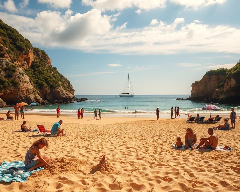 A vibrant coastal landscape showcasing Playa de la Solapa, with golden sandy beaches framed by lush green cliffs. In the foreground, families and couples enjoy a leisurely day; children build sandcastles while adults relax on beach towels, all dressed in modest summer attire. The middle ground features gentle waves lapping at the shore, with a shoreline dotted with colorful umbrellas and beach chairs. In the background, a clear, azure sky with soft white clouds creates a serene atmosphere, while a sailboat glides smoothly across the horizon, emphasizing the beauty of coastal excursions. The image is bathed in warm, golden sunlight, casting soft shadows on the sand. Capture this idyllic scene with a slightly elevated perspective, creating a sense of immersion in this picturesque beach getaway. A vibrant coastal landscape showcasing Playa de la Solapa, with golden sandy beaches framed by lush green cliffs. In the foreground, families and couples enjoy a leisurely day; children build sandcastles while adults relax on beach towels, all dressed in modest summer attire. The middle ground features gentle waves lapping at the shore, with a shoreline dotted with colorful umbrellas and beach chairs. In the background, a clear, azure sky with soft white clouds creates a serene atmosphere, while a sailboat glides smoothly across the horizon, emphasizing the beauty of coastal excursions. The image is bathed in warm, golden sunlight, casting soft shadows on the sand. Capture this idyllic scene with a slightly elevated perspective, creating a sense of immersion in this picturesque beach getaway.