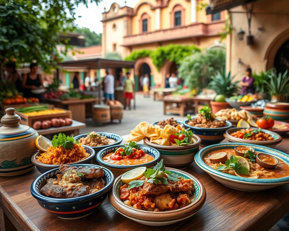 A vibrant culinary scene in Valladolid, Mexico, showcasing an array of traditional dishes like cochinita pibil and pollo al pastor beautifully presented on colorful pottery. In the foreground, a wooden table laden with food highlights, garnished with fresh herbs and vibrant salsas. In the middle ground, a charming marketplace with local vendors bustling, selling fresh produce and spices, surrounded by lush greenery. The background features historic colonial architecture, hinting at Valladolid's rich culture. Soft, warm natural lighting imbues the scene with a welcoming atmosphere, evoking a sense of community and festivity. Capture this inviting ambiance from a medium-angle perspective, emphasizing the textures and colors of both the food and the surroundings, while ensuring no people are in the frame. A vibrant culinary scene in Valladolid, Mexico, showcasing an array of traditional dishes like cochinita pibil and pollo al pastor beautifully presented on colorful pottery. In the foreground, a wooden table laden with food highlights, garnished with fresh herbs and vibrant salsas. In the middle ground, a charming marketplace with local vendors bustling, selling fresh produce and spices, surrounded by lush greenery. The background features historic colonial architecture, hinting at Valladolid's rich culture. Soft, warm natural lighting imbues the scene with a welcoming atmosphere, evoking a sense of community and festivity. Capture this inviting ambiance from a medium-angle perspective, emphasizing the textures and colors of both the food and the surroundings, while ensuring no people are in the frame.