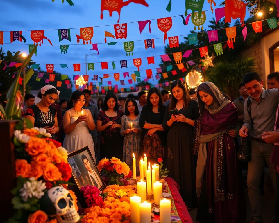 A vibrant, culturally rich scene depicting the "Día de los Muertos" celebration in Mexico, highlighting elements of mourning culture, remembrance, and identity. In the foreground, a beautifully decorated altar (ofrenda) adorned with marigolds, candles, and photographs of loved ones. In the middle, a diverse group of people dressed in traditional and modest contemporary clothing, engaging in activities of remembrance – some painting sugar skulls, while others share stories, their expressions a mix of joy and reflection. In the background, colorful papel picado flutters in a gentle breeze against a twilight sky, illuminated by warm candlelight. The setting conveys a mood of reverence and celebration, emphasizing the importance of honoring the deceased while fostering a sense of community and identity. The lighting is soft yet warm, creating an inviting atmosphere that reflects the spirit of the festival. A vibrant, culturally rich scene depicting the "Día de los Muertos" celebration in Mexico, highlighting elements of mourning culture, remembrance, and identity. In the foreground, a beautifully decorated altar (ofrenda) adorned with marigolds, candles, and photographs of loved ones. In the middle, a diverse group of people dressed in traditional and modest contemporary clothing, engaging in activities of remembrance – some painting sugar skulls, while others share stories, their expressions a mix of joy and reflection. In the background, colorful papel picado flutters in a gentle breeze against a twilight sky, illuminated by warm candlelight. The setting conveys a mood of reverence and celebration, emphasizing the importance of honoring the deceased while fostering a sense of community and identity. The lighting is soft yet warm, creating an inviting atmosphere that reflects the spirit of the festival.