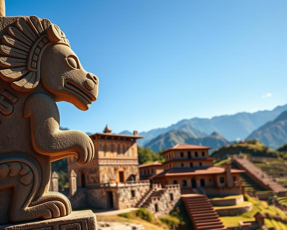 A vibrant depiction of Andean iconography, showcasing intricate motifs and symbols inspired by ancient Peruvian culture. In the foreground, a detailed stone carving of a deity or animal, featuring stylized designs indicative of spiritual significance. The middle ground presents traditional Andean structures adorned with frescoes, illustrating rituals and daily life, surrounded by terraced agricultural landscapes. The background captures majestic Andean mountains under a clear blue sky, enhancing the sense of place and history. Soft, warm lighting casts gentle shadows, emphasizing textures and details, while the overall atmosphere conveys a blend of reverence and connection to the rich heritage. Balancing realism with an artistic interpretation, the image invites viewers to explore the depths of Andean art and spirituality.