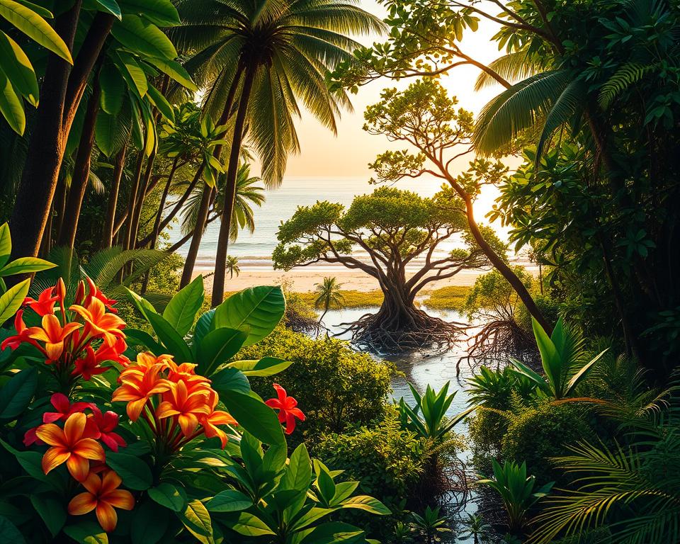 A vibrant depiction of the diverse flora of Manuel Antonio National Park, showcasing a lush, dense rainforest filled with tall trees and broad leaves in various shades of green. In the foreground, illustrate clusters of striking flowers, with bursts of color like reds, yellows, and purples, surrounded by rich, textured undergrowth including ferns and vines. In the middle ground, introduce mangrove trees with their intricate root systems peeking through shallow water, reflecting the sun-dappled light above. In the background, portray the coastline with gentle waves lapping at sandy shores, framed by coastal vegetation. The scene should be bathed in warm, golden sunlight, evoking a tranquil and serene atmosphere, as if inviting the viewer to explore this stunning ecosystem. Use a slightly elevated angle to capture the layers of habitat. A vibrant depiction of the diverse flora of Manuel Antonio National Park, showcasing a lush, dense rainforest filled with tall trees and broad leaves in various shades of green. In the foreground, illustrate clusters of striking flowers, with bursts of color like reds, yellows, and purples, surrounded by rich, textured undergrowth including ferns and vines. In the middle ground, introduce mangrove trees with their intricate root systems peeking through shallow water, reflecting the sun-dappled light above. In the background, portray the coastline with gentle waves lapping at sandy shores, framed by coastal vegetation. The scene should be bathed in warm, golden sunlight, evoking a tranquil and serene atmosphere, as if inviting the viewer to explore this stunning ecosystem. Use a slightly elevated angle to capture the layers of habitat.