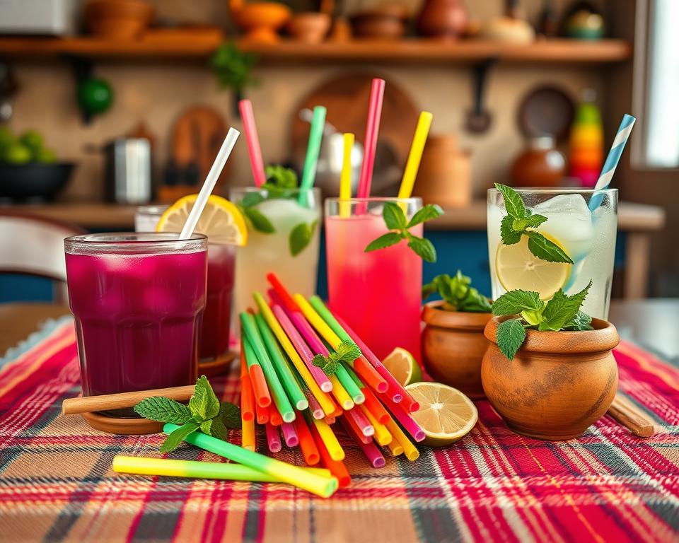 A vibrant display of traditional Peruvian non-alcoholic beverages, featuring chicha morada, a deep purple corn drink, served in rustic clay cups, and refreshing lemonade with fresh mint. In the foreground, a beautifully woven Peruvian textile serves as a tablecloth, adding cultural richness. In the middle ground, display a selection of colorful straws and garnishes like lime wedges, showcasing the festive nature of Peruvian dining. The background should include elements of a cozy kitchen setting with warm, inviting lighting, hinting at an authentic culinary atmosphere. A focused angle captures the essence of these delightful drinks, evoking a sense of celebration and hospitality, perfect for complementing delicious Peruvian meals. A vibrant display of traditional Peruvian non-alcoholic beverages, featuring chicha morada, a deep purple corn drink, served in rustic clay cups, and refreshing lemonade with fresh mint. In the foreground, a beautifully woven Peruvian textile serves as a tablecloth, adding cultural richness. In the middle ground, display a selection of colorful straws and garnishes like lime wedges, showcasing the festive nature of Peruvian dining. The background should include elements of a cozy kitchen setting with warm, inviting lighting, hinting at an authentic culinary atmosphere. A focused angle captures the essence of these delightful drinks, evoking a sense of celebration and hospitality, perfect for complementing delicious Peruvian meals.