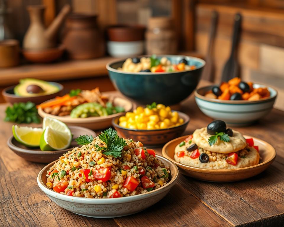 A vibrant display of traditional Peruvian vegan dishes arranged on a rustic wooden table. In the foreground, showcase a colorful quinoa salad filled with diced tomatoes, avocados, and fresh herbs, garnished with lime wedges. Next to it, include a serving of creamy vegan causas topped with olives and a sprinkle of parsley. In the middle ground, place a steaming bowl of vegan ceviche made from hearts of palm, artfully arranged with a side of sweet potato and corn. The background features a warm kitchen environment with earthy tones, soft, diffused lighting creating a cozy, inviting atmosphere. Capture the essence of Peruvian culinary heritage, emphasizing the fresh ingredients and cultural richness, while maintaining a professional and appetizing aesthetic. A vibrant display of traditional Peruvian vegan dishes arranged on a rustic wooden table. In the foreground, showcase a colorful quinoa salad filled with diced tomatoes, avocados, and fresh herbs, garnished with lime wedges. Next to it, include a serving of creamy vegan causas topped with olives and a sprinkle of parsley. In the middle ground, place a steaming bowl of vegan ceviche made from hearts of palm, artfully arranged with a side of sweet potato and corn. The background features a warm kitchen environment with earthy tones, soft, diffused lighting creating a cozy, inviting atmosphere. Capture the essence of Peruvian culinary heritage, emphasizing the fresh ingredients and cultural richness, while maintaining a professional and appetizing aesthetic.
