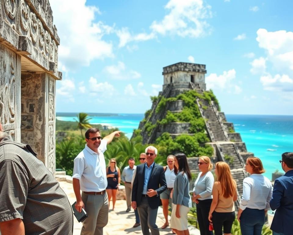 A vibrant guided tour at the Tulum ruins, featuring a knowledgeable tour guide and a small group of visitors exploring ancient Mayan architecture. In the foreground, depict the guide, a middle-aged male in modest casual clothing, pointing towards intricate stone carvings on a large temple. Surround him with a diverse group of professionally dressed individuals, engaged and curious. In the middle ground, show the majestic ruins, with lush greenery cascading down the sides and the turquoise Caribbean Sea shimmering in the distance. The background should be a bright blue sky with soft, fluffy clouds, capturing a sunny day atmosphere. Use natural lighting to emphasize the textures of the stone and the vivid colors of the flora, framed from a slightly elevated angle for a broader view of the ruins. Aim for a lively and educational mood. A vibrant guided tour at the Tulum ruins, featuring a knowledgeable tour guide and a small group of visitors exploring ancient Mayan architecture. In the foreground, depict the guide, a middle-aged male in modest casual clothing, pointing towards intricate stone carvings on a large temple. Surround him with a diverse group of professionally dressed individuals, engaged and curious. In the middle ground, show the majestic ruins, with lush greenery cascading down the sides and the turquoise Caribbean Sea shimmering in the distance. The background should be a bright blue sky with soft, fluffy clouds, capturing a sunny day atmosphere. Use natural lighting to emphasize the textures of the stone and the vivid colors of the flora, framed from a slightly elevated angle for a broader view of the ruins. Aim for a lively and educational mood.