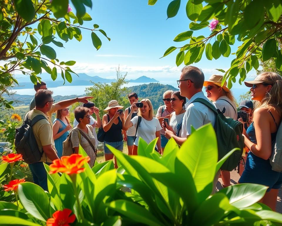 A vibrant guided tour in Manuel Antonio National Park, showcasing a diverse group of tourists, dressed in casual yet appropriate clothing, led by an experienced guide who is passionately explaining the local flora and fauna. In the foreground, lush greenery with colorful tropical flowers and the guide pointing towards a sloth in a nearby tree. The middle ground features excited tourists taking photographs and observing wildlife. In the background, the spectacular views of the park with distant mountains and a glimpsed coastline beneath a clear blue sky. The scene is illuminated by warm, natural sunlight filtering through the leaves, creating a lively and immersive atmosphere. Capture the essence of exploration and connection with nature in this dynamic setting. A vibrant guided tour in Manuel Antonio National Park, showcasing a diverse group of tourists, dressed in casual yet appropriate clothing, led by an experienced guide who is passionately explaining the local flora and fauna. In the foreground, lush greenery with colorful tropical flowers and the guide pointing towards a sloth in a nearby tree. The middle ground features excited tourists taking photographs and observing wildlife. In the background, the spectacular views of the park with distant mountains and a glimpsed coastline beneath a clear blue sky. The scene is illuminated by warm, natural sunlight filtering through the leaves, creating a lively and immersive atmosphere. Capture the essence of exploration and connection with nature in this dynamic setting.