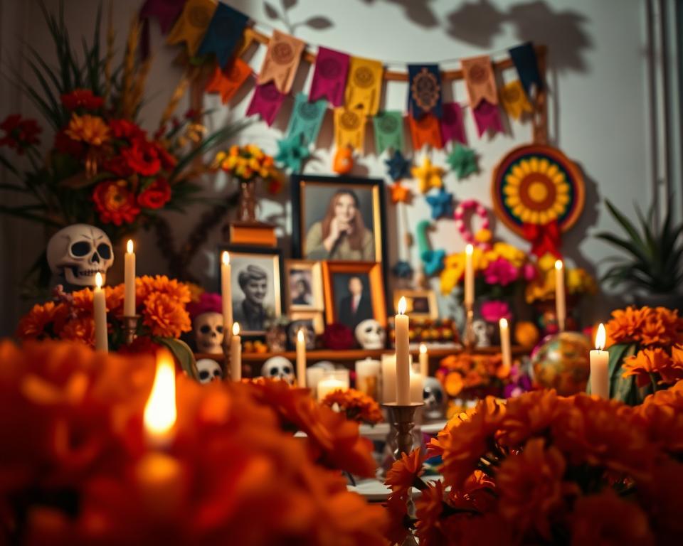 A vibrant, intricately decorated Día de los Muertos altar (ofrenda) filled with symbolic items. In the foreground, fresh marigold flowers and scented candles flicker gently, creating a warm glow. In the middle, a beautifully adorned altar displays pictures of loved ones, alongside sugar skulls, traditional papel picado, and colorful papel picado banners. In the background, a softly lit room infused with an ethereal feel, with shadows dancing against the walls. The lighting highlights the details of each element, imbuing the scene with a reverent, yet celebratory atmosphere. The composition is balanced, capturing the essence of Mexican culture and the significance of honoring the deceased, with a slight depth of field effect to emphasize the altar as the focal point. A vibrant, intricately decorated Día de los Muertos altar (ofrenda) filled with symbolic items. In the foreground, fresh marigold flowers and scented candles flicker gently, creating a warm glow. In the middle, a beautifully adorned altar displays pictures of loved ones, alongside sugar skulls, traditional papel picado, and colorful papel picado banners. In the background, a softly lit room infused with an ethereal feel, with shadows dancing against the walls. The lighting highlights the details of each element, imbuing the scene with a reverent, yet celebratory atmosphere. The composition is balanced, capturing the essence of Mexican culture and the significance of honoring the deceased, with a slight depth of field effect to emphasize the altar as the focal point.