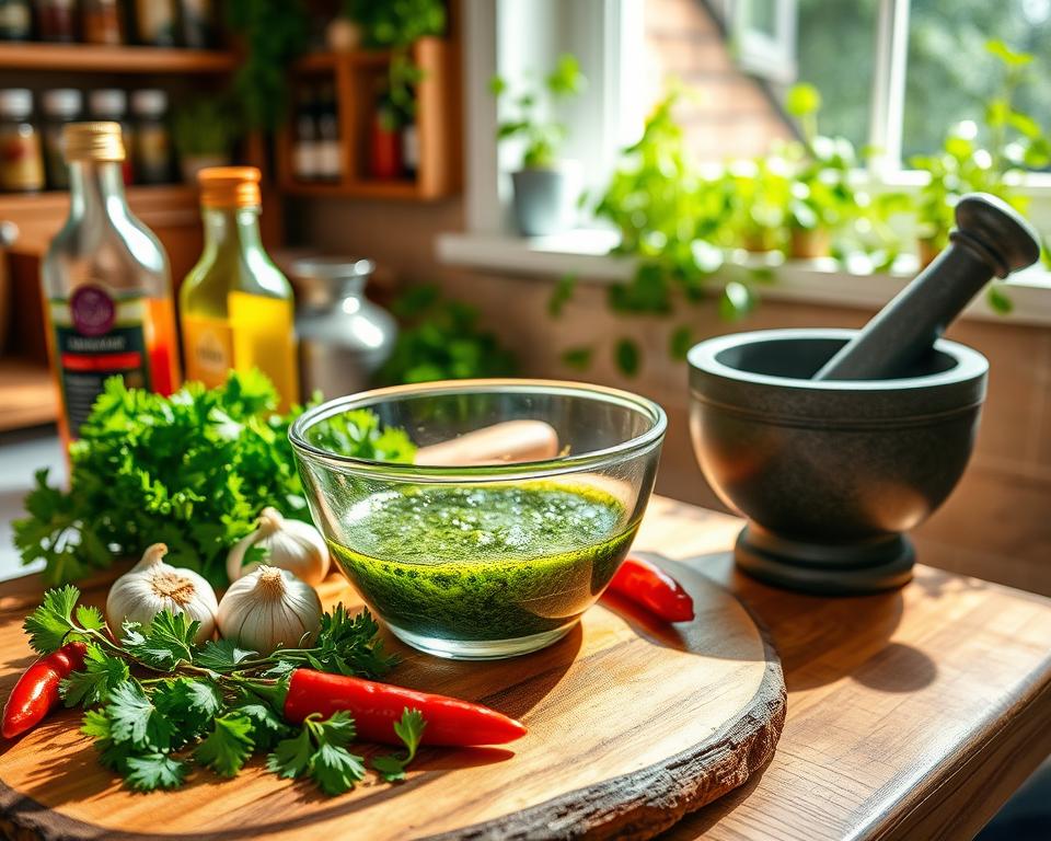 A vibrant kitchen scene showcasing the preparation of chimichurri sauce. In the foreground, a rustic wooden cutting board is laden with fresh ingredients: bright green parsley, garlic cloves, a red chili pepper, and a bottle of olive oil. A mortar and pestle sits nearby, ready for use. In the middle ground, a glass bowl contains a freshly mixed chimichurri, its vibrant green color glistening under soft, warm lighting. The background features a neatly arranged spice rack and a herb garden on the windowsill, casting gentle shadows. The atmosphere is inviting and cozy, with natural light streaming in, creating a delightful cooking ambiance. The photo is captured from a slightly elevated angle to offer a clear view of the culinary process. A vibrant kitchen scene showcasing the preparation of chimichurri sauce. In the foreground, a rustic wooden cutting board is laden with fresh ingredients: bright green parsley, garlic cloves, a red chili pepper, and a bottle of olive oil. A mortar and pestle sits nearby, ready for use. In the middle ground, a glass bowl contains a freshly mixed chimichurri, its vibrant green color glistening under soft, warm lighting. The background features a neatly arranged spice rack and a herb garden on the windowsill, casting gentle shadows. The atmosphere is inviting and cozy, with natural light streaming in, creating a delightful cooking ambiance. The photo is captured from a slightly elevated angle to offer a clear view of the culinary process.
