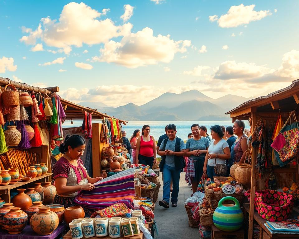 A vibrant marketplace scene at Lago Atitlán, showcasing an array of colorful handmade souvenirs. In the foreground, a local artisan, dressed in traditional, modest Guatemalan attire, skillfully weaves textiles, surrounded by a variety of brightly colored crafts: intricate pottery, woven baskets, and wooden carvings. The middle ground features stalls brimming with unique local goods, while shoppers browse with smiles, embodying the warm, welcoming atmosphere. In the background, the stunning lake reflects the majestic volcanic mountains under a bright blue sky with soft clouds, illuminated by golden afternoon light. The image captures the essence of authentic shopping experiences at the lake, conveying a sense of community, culture, and the beauty of Guatemala. A vibrant marketplace scene at Lago Atitlán, showcasing an array of colorful handmade souvenirs. In the foreground, a local artisan, dressed in traditional, modest Guatemalan attire, skillfully weaves textiles, surrounded by a variety of brightly colored crafts: intricate pottery, woven baskets, and wooden carvings. The middle ground features stalls brimming with unique local goods, while shoppers browse with smiles, embodying the warm, welcoming atmosphere. In the background, the stunning lake reflects the majestic volcanic mountains under a bright blue sky with soft clouds, illuminated by golden afternoon light. The image captures the essence of authentic shopping experiences at the lake, conveying a sense of community, culture, and the beauty of Guatemala.