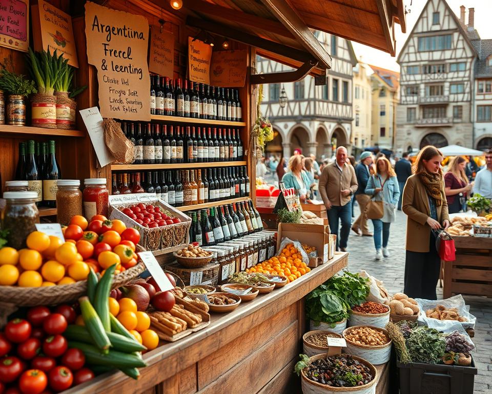 A vibrant marketplace scene set in Germany featuring a variety of Argentinian ingredients and spices. In the foreground, a wooden stall brimming with colorful produce like fresh chimichurri, dulce de leche, and traditional Argentinian pastries. In the middle, display shelves stocked with a selection of Argentine wines, spices, and specialty sauces. In the background, a picturesque German town square with charming old buildings and lively shoppers. The scene is bathed in warm, golden afternoon light, enhancing the rich colors of the ingredients. Capture a sense of joy and discovery as people browse the stalls, dressed in casual, modest clothing. The overall atmosphere conveys a rich cultural exchange, celebrating the flavors of Argentina in a German setting, with a focus on the market's vibrant details. A vibrant marketplace scene set in Germany featuring a variety of Argentinian ingredients and spices. In the foreground, a wooden stall brimming with colorful produce like fresh chimichurri, dulce de leche, and traditional Argentinian pastries. In the middle, display shelves stocked with a selection of Argentine wines, spices, and specialty sauces. In the background, a picturesque German town square with charming old buildings and lively shoppers. The scene is bathed in warm, golden afternoon light, enhancing the rich colors of the ingredients. Capture a sense of joy and discovery as people browse the stalls, dressed in casual, modest clothing. The overall atmosphere conveys a rich cultural exchange, celebrating the flavors of Argentina in a German setting, with a focus on the market's vibrant details.