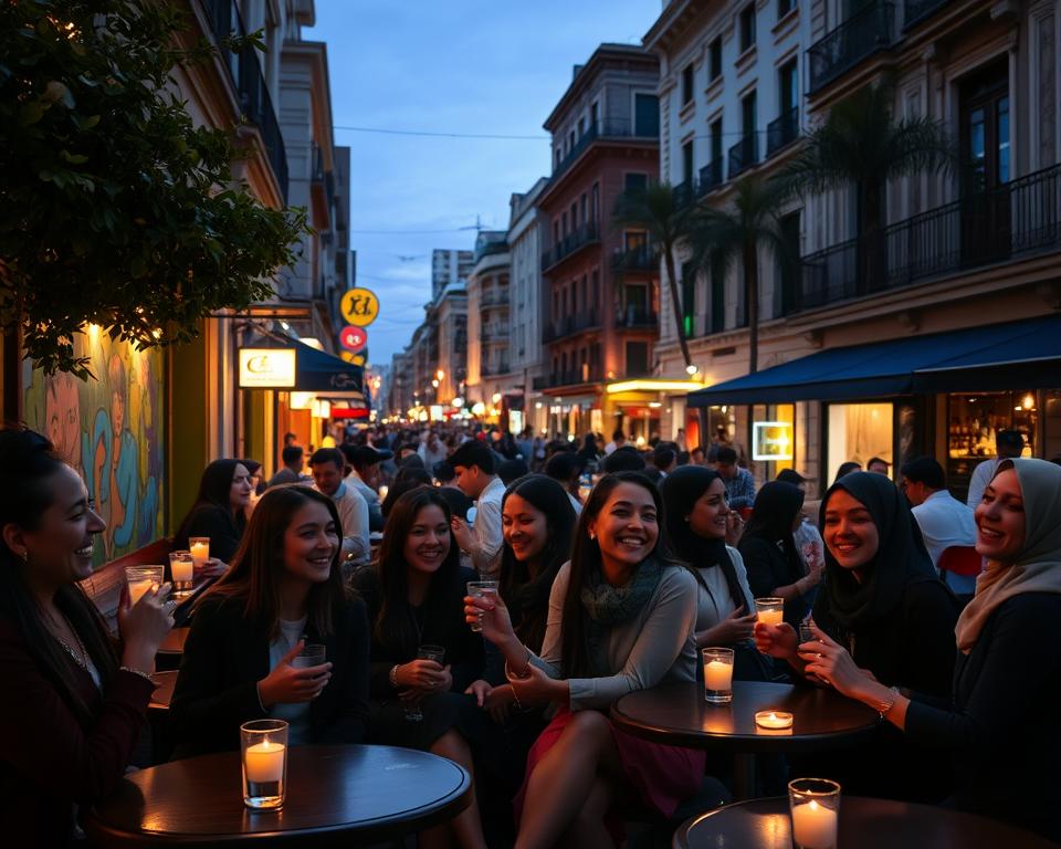 A vibrant night scene in Buenos Aires showcasing a lively and safe nightlife atmosphere. In the foreground, a diverse group of young adults in stylish but modest clothing enjoying drinks and laughter at an outdoor bar, seated at tables adorned with small candles. The middle ground features colorful street art and illuminated bars with warm, inviting lights, creating an engaging ambiance. In the background, the iconic Buenos Aires architecture is softly lit, hinting at a bustling street filled with people. The image is captured at dusk, using a wide-angle lens to emphasize the vibrancy and energy of the scene. The overall mood is festive and inviting, demonstrating the spirit of safe nightlife in this enchanting city. A vibrant night scene in Buenos Aires showcasing a lively and safe nightlife atmosphere. In the foreground, a diverse group of young adults in stylish but modest clothing enjoying drinks and laughter at an outdoor bar, seated at tables adorned with small candles. The middle ground features colorful street art and illuminated bars with warm, inviting lights, creating an engaging ambiance. In the background, the iconic Buenos Aires architecture is softly lit, hinting at a bustling street filled with people. The image is captured at dusk, using a wide-angle lens to emphasize the vibrancy and energy of the scene. The overall mood is festive and inviting, demonstrating the spirit of safe nightlife in this enchanting city.