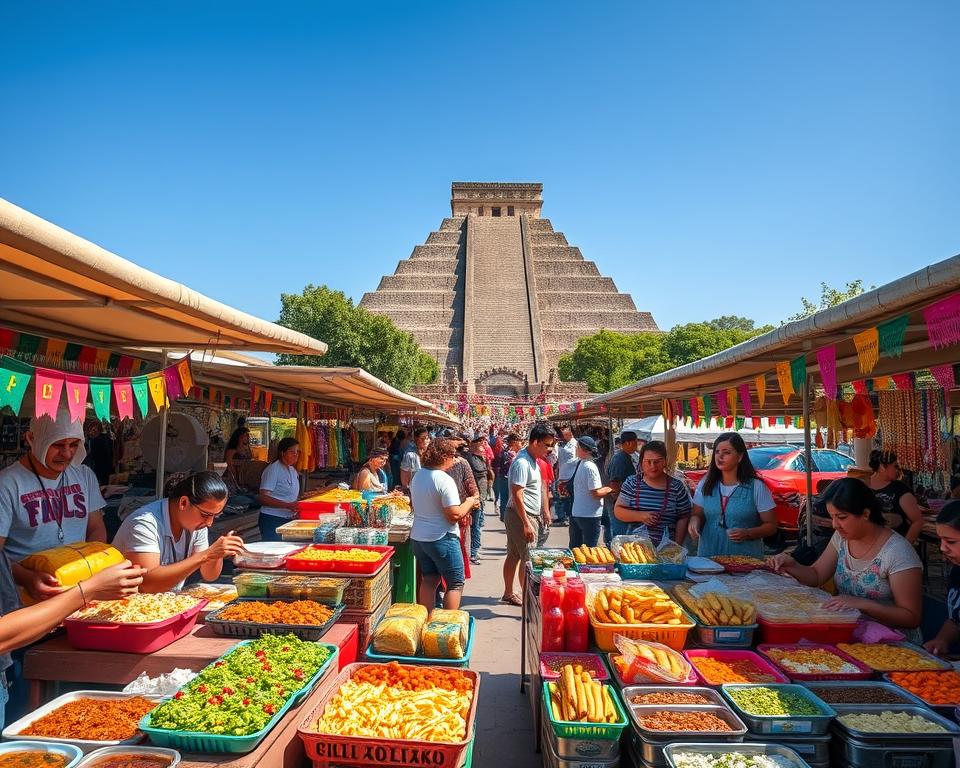 A vibrant outdoor market scene in Cholula, showcasing an array of delicious local dishes. In the foreground, colorful stalls filled with traditional Mexican foods: tacos al pastor, fresh tamales, and vibrant salsas, with vendors in modest casual clothing enthusiastically serving customers. The middle ground features people sampling food, engaging in conversation, and enjoying the lively atmosphere, surrounded by bright banners and handmade crafts. In the background, the majestic Cholula Pyramid rises against a clear blue sky, with lush greenery surrounding it. The scene is bathed in warm, natural sunlight, creating a welcoming and inviting mood. Use a wide-angle perspective to capture the bustling energy of the market, emphasizing the rich culinary heritage of Cholula. A vibrant outdoor market scene in Cholula, showcasing an array of delicious local dishes. In the foreground, colorful stalls filled with traditional Mexican foods: tacos al pastor, fresh tamales, and vibrant salsas, with vendors in modest casual clothing enthusiastically serving customers. The middle ground features people sampling food, engaging in conversation, and enjoying the lively atmosphere, surrounded by bright banners and handmade crafts. In the background, the majestic Cholula Pyramid rises against a clear blue sky, with lush greenery surrounding it. The scene is bathed in warm, natural sunlight, creating a welcoming and inviting mood. Use a wide-angle perspective to capture the bustling energy of the market, emphasizing the rich culinary heritage of Cholula.