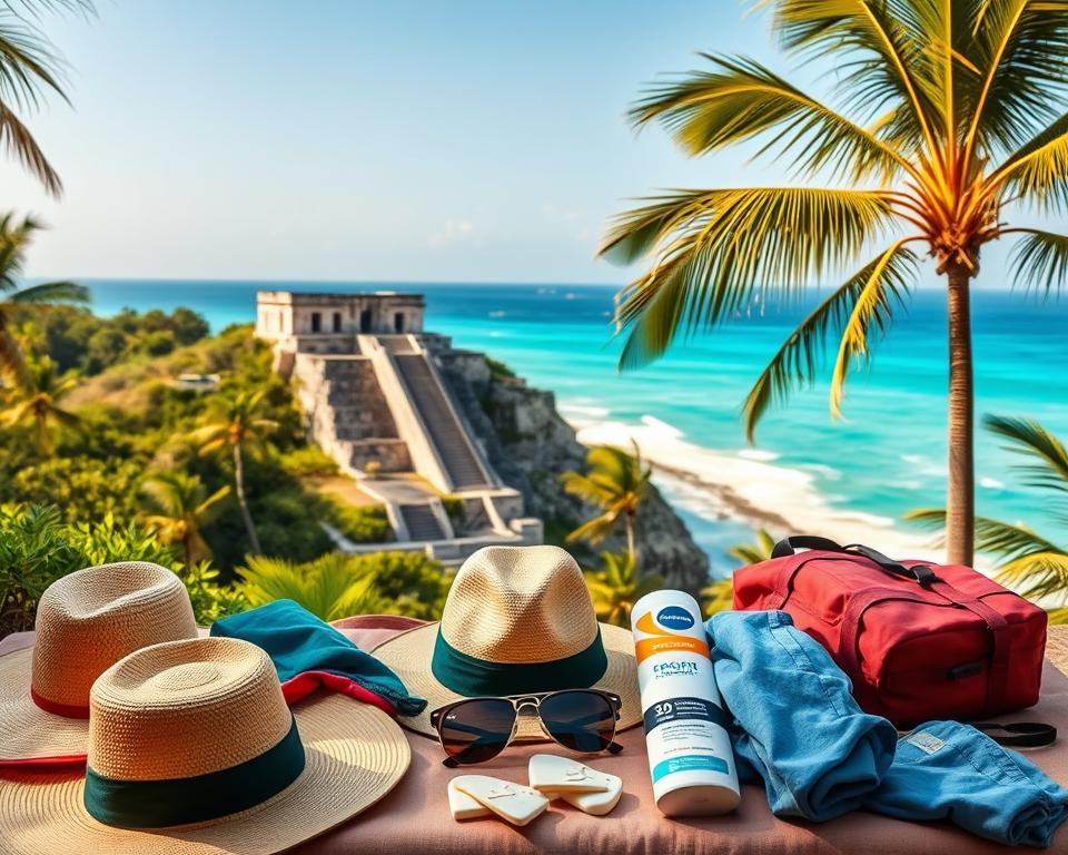 A vibrant outdoor scene showcasing a practical packing list for visiting the Tulum ruins, set against the backdrop of ancient Mayan temples surrounded by lush tropical foliage. In the foreground, a neatly organized travel gear display features sun hats, lightweight breathable clothing, sunglasses, and sunscreen. The middle ground portrays the majestic Tulum ruins with their iconic cliffside view over the turquoise Caribbean Sea, bathed in warm, golden sunlight, creating a timeless atmosphere. The background includes palm trees swaying gently in the breeze under a clear blue sky. The composition should evoke a sense of adventure and relaxation, captured with a warm, inviting tone using a wide-angle lens to emphasize the grandeur of the ruins while keeping the packing essentials in focus. A vibrant outdoor scene showcasing a practical packing list for visiting the Tulum ruins, set against the backdrop of ancient Mayan temples surrounded by lush tropical foliage. In the foreground, a neatly organized travel gear display features sun hats, lightweight breathable clothing, sunglasses, and sunscreen. The middle ground portrays the majestic Tulum ruins with their iconic cliffside view over the turquoise Caribbean Sea, bathed in warm, golden sunlight, creating a timeless atmosphere. The background includes palm trees swaying gently in the breeze under a clear blue sky. The composition should evoke a sense of adventure and relaxation, captured with a warm, inviting tone using a wide-angle lens to emphasize the grandeur of the ruins while keeping the packing essentials in focus.