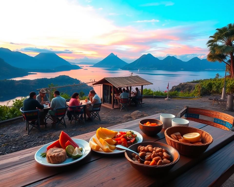 A vibrant scene at Lago Atitlán in Guatemala, showcasing a beautifully arranged traditional Guatemalan meal on a rustic wooden table in the foreground, featuring dishes like pepián and fresh fruits. In the middle ground, a small café with locals and tourists enjoying rich Guatemalan coffee, seated on colorful woven chairs. In the background, the stunning volcanoes surrounding the lake are gently illuminated by the warm glow of the late afternoon sun, casting soft shadows over the surface of the water. The sky is a dramatic blend of orange and pink hues, creating a peaceful, inviting atmosphere. The angle is slightly elevated to capture the breadth of this picturesque lakeside setting, emphasizing cultural elements and the lush greenery surrounding the area. A vibrant scene at Lago Atitlán in Guatemala, showcasing a beautifully arranged traditional Guatemalan meal on a rustic wooden table in the foreground, featuring dishes like pepián and fresh fruits. In the middle ground, a small café with locals and tourists enjoying rich Guatemalan coffee, seated on colorful woven chairs. In the background, the stunning volcanoes surrounding the lake are gently illuminated by the warm glow of the late afternoon sun, casting soft shadows over the surface of the water. The sky is a dramatic blend of orange and pink hues, creating a peaceful, inviting atmosphere. The angle is slightly elevated to capture the breadth of this picturesque lakeside setting, emphasizing cultural elements and the lush greenery surrounding the area.