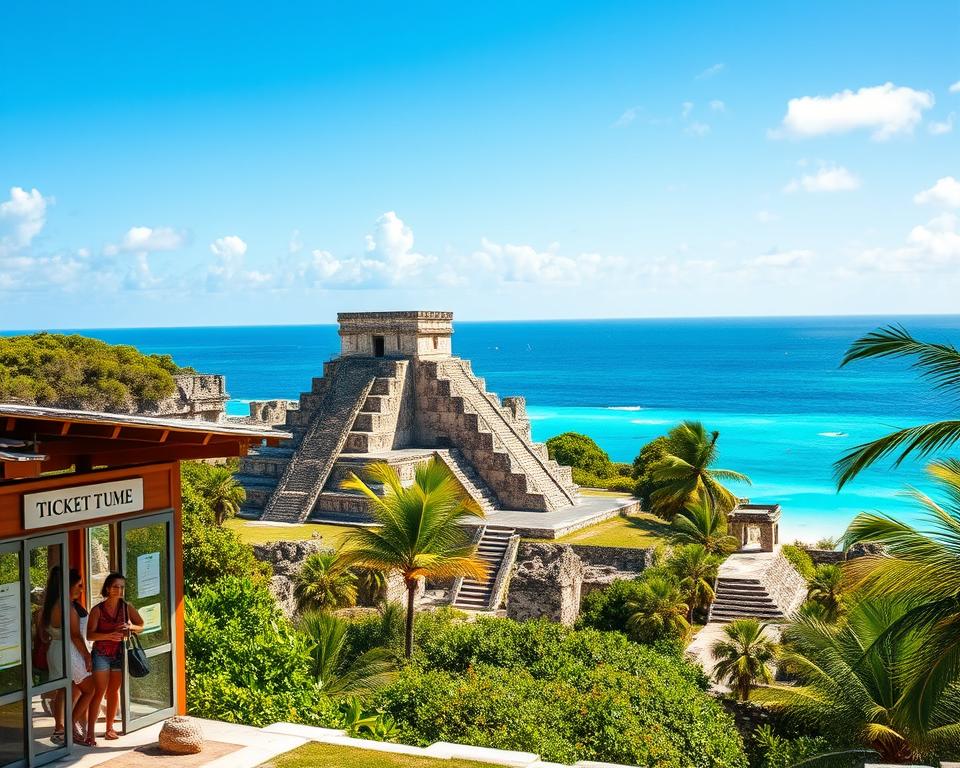 A vibrant scene at the Tulum archaeological zone, showcasing the iconic Mayan ruins set against a stunning blue sky. In the foreground, a ticket booth with friendly staff is visible, presenting a welcoming vibe. The middle ground features ancient stone structures, intricately carved with Mayan symbols, surrounded by lush greenery and tropical plants. The background reveals the breathtaking Caribbean Sea, its turquoise waters shimmering in the sunlight. The scene is bathed in warm, golden light, capturing the essence of a sunny day in Tulum. The perspective is slightly elevated, giving a panoramic view of the ruins and the natural landscape. The overall mood is inviting and awe-inspiring, encouraging exploration and appreciation of this historic site.