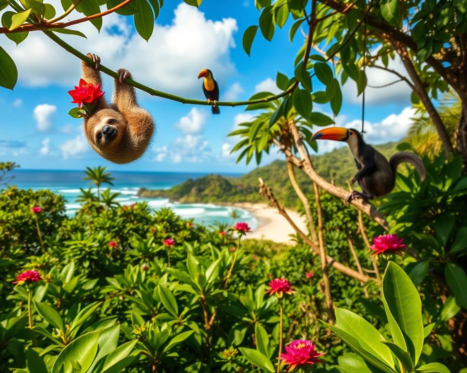 A vibrant scene capturing the diverse wildlife of Manuel Antonio National Park in Costa Rica. In the foreground, a curious sloth hangs from a green branch, its furry body contrasting with the bright flowers nearby. A toucan, with its colorful bill, perches on another branch, while a playful squirrel monkey swings in the trees. In the middle ground, lush vegetation creates a rich tapestry of greens, with glimpses of a secluded beach peeking through the foliage. The background reveals a clear blue sky with fluffy white clouds, and waves lapping gently on the shore. The lighting is warm and natural, suggesting early morning, highlighting the animals and flora. The mood is tranquil and inviting, perfect for nature lovers seeking adventure. A vibrant scene capturing the diverse wildlife of Manuel Antonio National Park in Costa Rica. In the foreground, a curious sloth hangs from a green branch, its furry body contrasting with the bright flowers nearby. A toucan, with its colorful bill, perches on another branch, while a playful squirrel monkey swings in the trees. In the middle ground, lush vegetation creates a rich tapestry of greens, with glimpses of a secluded beach peeking through the foliage. The background reveals a clear blue sky with fluffy white clouds, and waves lapping gently on the shore. The lighting is warm and natural, suggesting early morning, highlighting the animals and flora. The mood is tranquil and inviting, perfect for nature lovers seeking adventure.