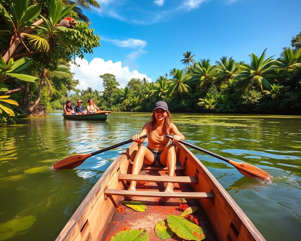 A vibrant scene capturing the essence of Tortuguero National Park in Costa Rica, highlighting various local activities. In the foreground, a small canoe glides gently through the lush, green waters filled with reflections of tropical foliage. Two individuals, dressed in modest casual clothing, are paddling, their faces showing joy and excitement. In the middle ground, a group of tourists is enjoying a guided tour, observing wildlife, such as sloths and colorful birds perched in the trees. In the background, dense rainforest extends towards the horizon under a clear blue sky, with hints of cloud cover that adds depth. The lighting is warm and inviting, evoking a sense of adventure and tranquility, captured with a slight wide-angle lens to include the richness of the scenery.