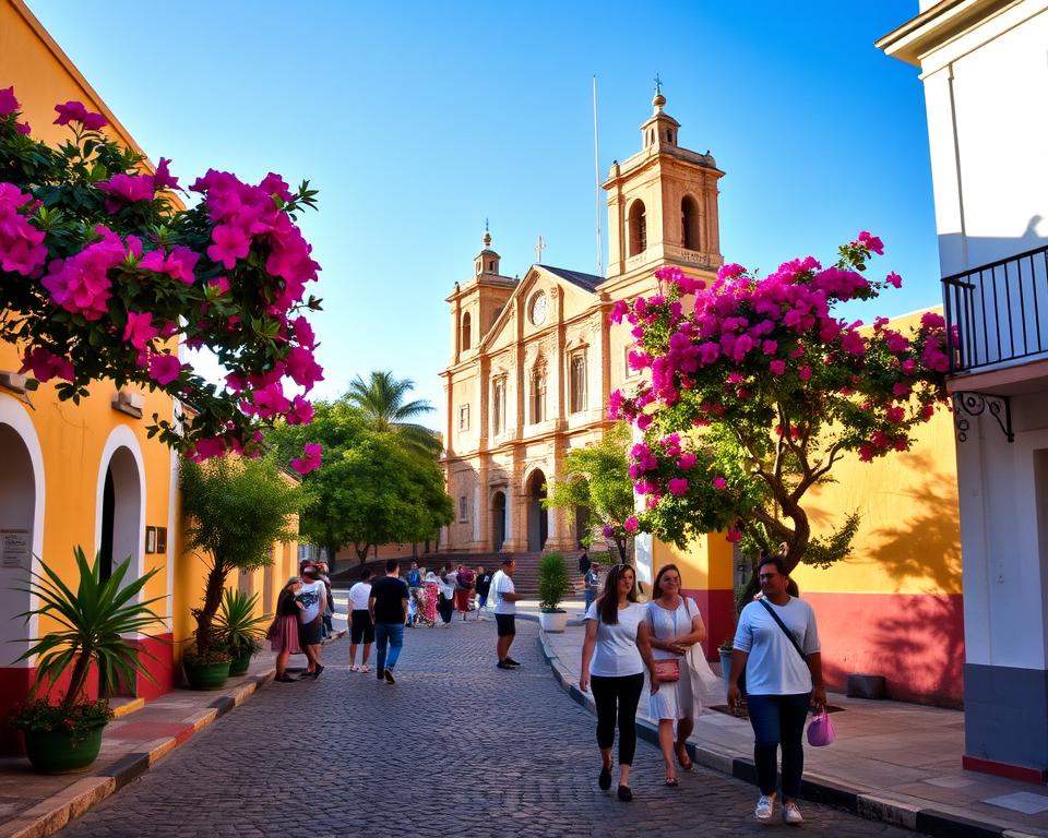 A vibrant scene capturing the essence of Valladolid, Mexico. In the foreground, a charming colonial plaza with colorful colonial buildings, featuring pastel shades of yellow, pink, and blue. A cobblestone path winds through the plaza, where modestly dressed tourists admire the local architecture. In the middle ground, the iconic San Bernardino de Siena Convent stands majestically, its intricate facade beautifully illuminated by warm afternoon sunlight. Lush greenery and blooming bougainvillea frame the scene, adding a pop of color. In the background, the clear blue sky creates a serene atmosphere, hinting at the beauty of Yucatán’s unique landscape. The overall mood is inviting and joyful, showcasing the rich cultural heritage of this historical city. A vibrant scene capturing the essence of Valladolid, Mexico. In the foreground, a charming colonial plaza with colorful colonial buildings, featuring pastel shades of yellow, pink, and blue. A cobblestone path winds through the plaza, where modestly dressed tourists admire the local architecture. In the middle ground, the iconic San Bernardino de Siena Convent stands majestically, its intricate facade beautifully illuminated by warm afternoon sunlight. Lush greenery and blooming bougainvillea frame the scene, adding a pop of color. In the background, the clear blue sky creates a serene atmosphere, hinting at the beauty of Yucatán’s unique landscape. The overall mood is inviting and joyful, showcasing the rich cultural heritage of this historical city.