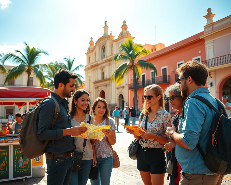 A vibrant scene capturing the essence of practical travel tips for arriving and navigating Valladolid, Mexico. In the foreground, a diverse group of travelers, dressed in comfortable yet professional casual attire, consult a map while standing near a colorful street vendor selling local snacks. The middle ground features a picturesque street lined with colonial buildings in warm pastel colors, showcasing traditional architecture. In the background, the iconic cathedral and lush palm trees can be seen under a bright, sunny sky. The lighting is warm and inviting, creating an uplifting atmosphere. The shot is taken from a slightly elevated angle, providing a comprehensive view of this charming city. The overall mood is one of excitement and adventure, ideal for a travel guide. A vibrant scene capturing the essence of practical travel tips for arriving and navigating Valladolid, Mexico. In the foreground, a diverse group of travelers, dressed in comfortable yet professional casual attire, consult a map while standing near a colorful street vendor selling local snacks. The middle ground features a picturesque street lined with colonial buildings in warm pastel colors, showcasing traditional architecture. In the background, the iconic cathedral and lush palm trees can be seen under a bright, sunny sky. The lighting is warm and inviting, creating an uplifting atmosphere. The shot is taken from a slightly elevated angle, providing a comprehensive view of this charming city. The overall mood is one of excitement and adventure, ideal for a travel guide.