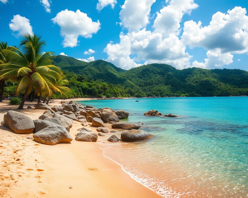A vibrant scene capturing the famous beaches and coves of Parque Nacional Natural Tayrona. In the foreground, soft, golden sands curve along the shoreline, dotted with smooth, weathered rocks. A few palm trees sway gently in the warm breeze, framing the sandy expanse. The middle ground features clear turquoise waters gently lapping against the shore, reflecting the bright sun. In the background, lush green hills rise, covered in dense tropical foliage, creating a stunning contrast to the blue sky filled with fluffy white clouds. The lighting is bright and inviting, suggesting a warm, sunny day. The atmosphere is tranquil and serene, perfect for relaxation and exploration, evoking the natural beauty and biodiversity of this breathtaking national park. A vibrant scene capturing the famous beaches and coves of Parque Nacional Natural Tayrona. In the foreground, soft, golden sands curve along the shoreline, dotted with smooth, weathered rocks. A few palm trees sway gently in the warm breeze, framing the sandy expanse. The middle ground features clear turquoise waters gently lapping against the shore, reflecting the bright sun. In the background, lush green hills rise, covered in dense tropical foliage, creating a stunning contrast to the blue sky filled with fluffy white clouds. The lighting is bright and inviting, suggesting a warm, sunny day. The atmosphere is tranquil and serene, perfect for relaxation and exploration, evoking the natural beauty and biodiversity of this breathtaking national park.