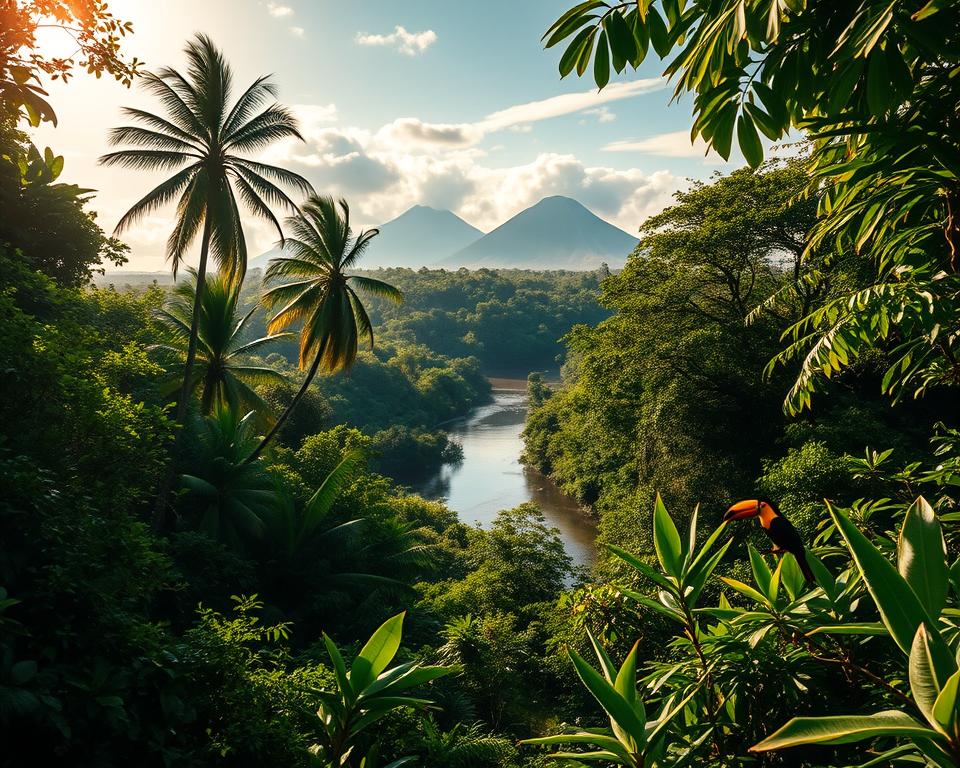 A vibrant scene capturing the highlights of Tortuguero National Park in Costa Rica. In the foreground, a lush, tropical landscape with vibrant green foliage, diverse wildlife such as howler monkeys and colorful toucans. The middle ground features winding waterways, surrounded by dense jungle, reflecting dappled sunlight filtering through the trees. In the background, misty volcanoes loom gently among the clouds, enhancing the natural wonder of the park. The lighting is warm and inviting, suggesting a late afternoon glow. A low-angle perspective emphasizes the grandeur of the trees and waterways, creating a serene yet exhilarating mood that embodies the essence of Tortuguero's natural beauty. The image is devoid of any human presence, allowing nature to take center stage.