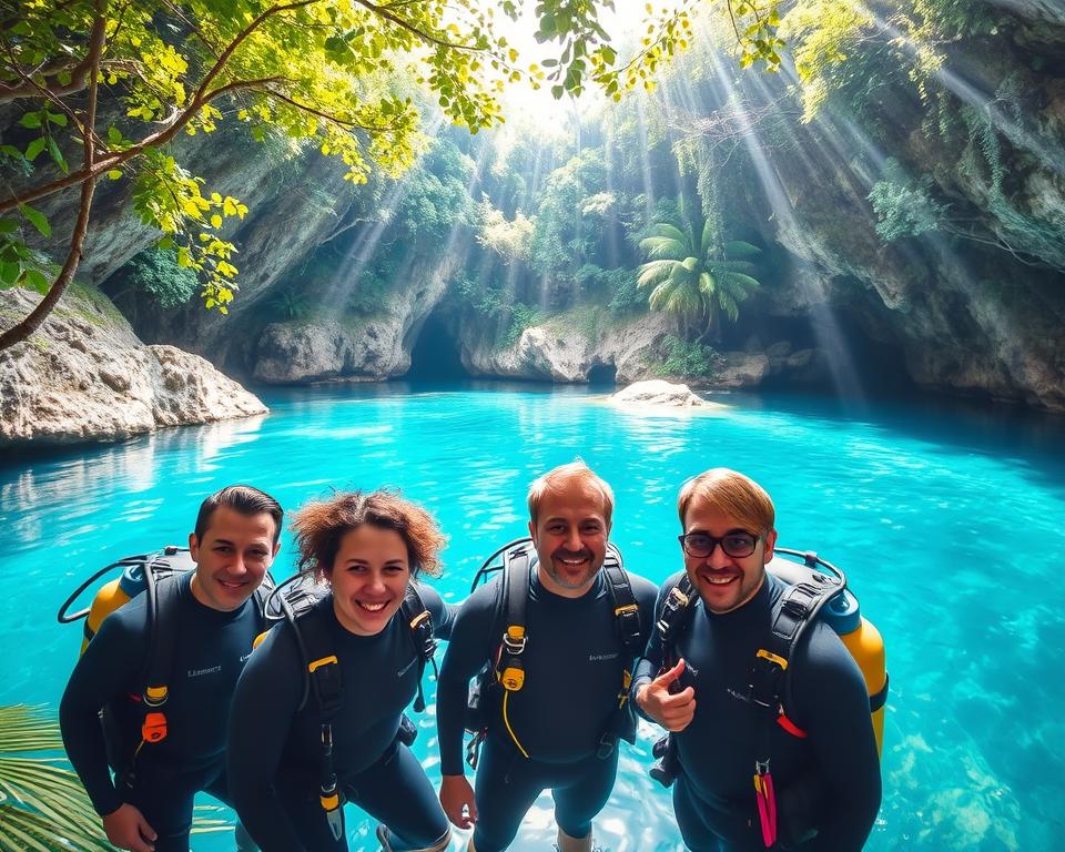 A vibrant scene depicting a Cenoten diving day in Mexico. In the foreground, a group of four divers, dressed in modest wetsuits, are preparing their diving gear, showcasing enthusiastic expressions. Their equipment features colorful tanks and fin gear. In the middle ground, the stunning cenote is revealed, with crystal-clear turquoise waters surrounded by natural rock formations and lush green vegetation. Sunlight filters through the foliage overhead, casting dappled light on the water's surface, creating an air of serenity and adventure. In the background, the jungle envelops the cenote, hinting at the exciting exploration to come. The mood is lively and adventurous, emphasizing a day filled with discovery in this underwater paradise. Use a wide-angle lens perspective to capture the full beauty and scale of the scene. A vibrant scene depicting a Cenoten diving day in Mexico. In the foreground, a group of four divers, dressed in modest wetsuits, are preparing their diving gear, showcasing enthusiastic expressions. Their equipment features colorful tanks and fin gear. In the middle ground, the stunning cenote is revealed, with crystal-clear turquoise waters surrounded by natural rock formations and lush green vegetation. Sunlight filters through the foliage overhead, casting dappled light on the water's surface, creating an air of serenity and adventure. In the background, the jungle envelops the cenote, hinting at the exciting exploration to come. The mood is lively and adventurous, emphasizing a day filled with discovery in this underwater paradise. Use a wide-angle lens perspective to capture the full beauty and scale of the scene.