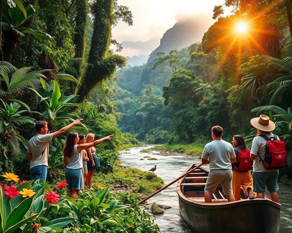 A vibrant scene depicting an "Amazonas Peru Tour," showcasing a lush, dense rainforest with towering green trees, vibrant tropical flowers, and a sparkling river weaving through the underbrush. In the foreground, a group of diverse tourists dressed in light, modest hiking attire enthusiastically explores the terrain, pointing at exotic birds and unique plant life. In the middle ground, a wooden canoe glides along the river, with a local guide expertly navigating through the peaceful waters. The background features dramatic mist-clad mountains under a soft golden sunlight filtering through the foliage, creating a magical and inviting atmosphere. Capture this adventurous spirit with a wide-angle lens to emphasize the expansive beauty of the rainforest, conveying a sense of wonder and sustainability in travel.