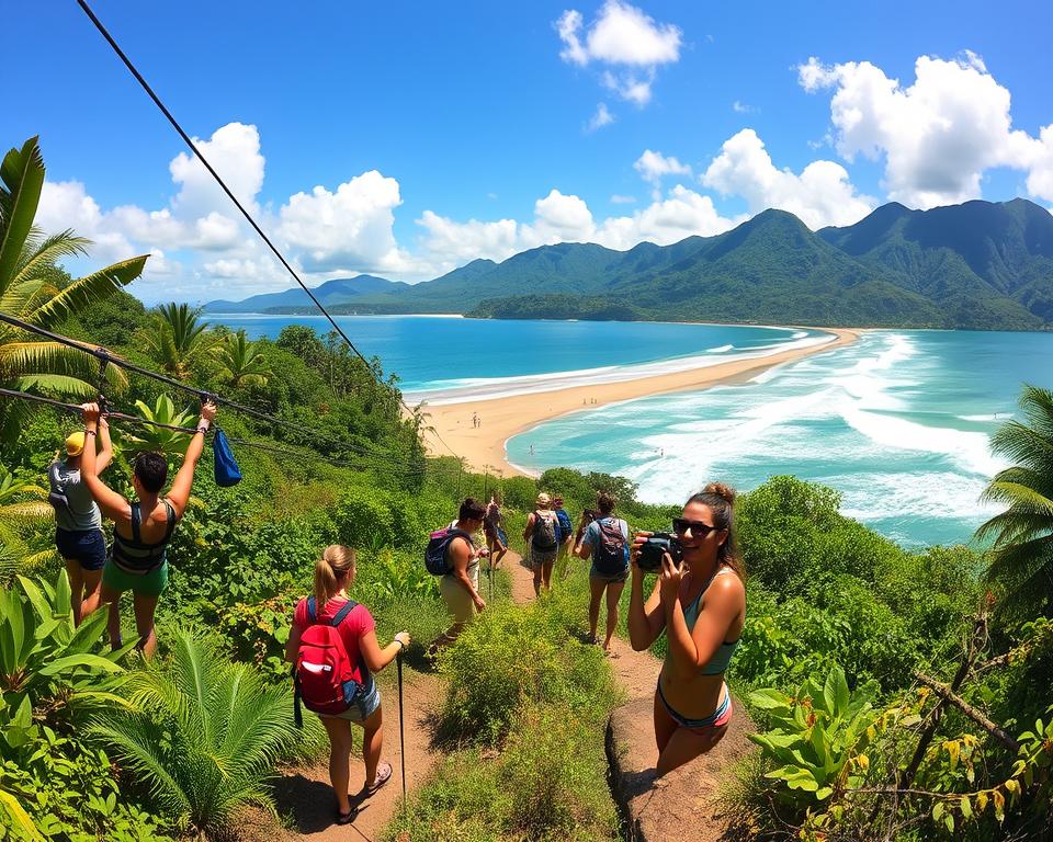 A vibrant scene depicting outdoor activities in Montezuma, Costa Rica. In the foreground, a group of diverse tourists engaged in various adventures: one person zip-lining through lush green canopies, another kayaking in a clear turquoise river, and a pair hiking along a scenic trail surrounded by tropical flora. The middle ground showcases the stunning coastline with soft waves lapping against sandy beaches, while surfers ride powerful swells. In the background, the majestic mountains of the Nicoya Peninsula rise under a bright blue sky dotted with fluffy white clouds. The scene is illuminated by warm, natural sunlight, creating a lively and adventurous atmosphere, captured with a wide-angle lens to emphasize the vastness of the landscape. A vibrant scene depicting outdoor activities in Montezuma, Costa Rica. In the foreground, a group of diverse tourists engaged in various adventures: one person zip-lining through lush green canopies, another kayaking in a clear turquoise river, and a pair hiking along a scenic trail surrounded by tropical flora. The middle ground showcases the stunning coastline with soft waves lapping against sandy beaches, while surfers ride powerful swells. In the background, the majestic mountains of the Nicoya Peninsula rise under a bright blue sky dotted with fluffy white clouds. The scene is illuminated by warm, natural sunlight, creating a lively and adventurous atmosphere, captured with a wide-angle lens to emphasize the vastness of the landscape.